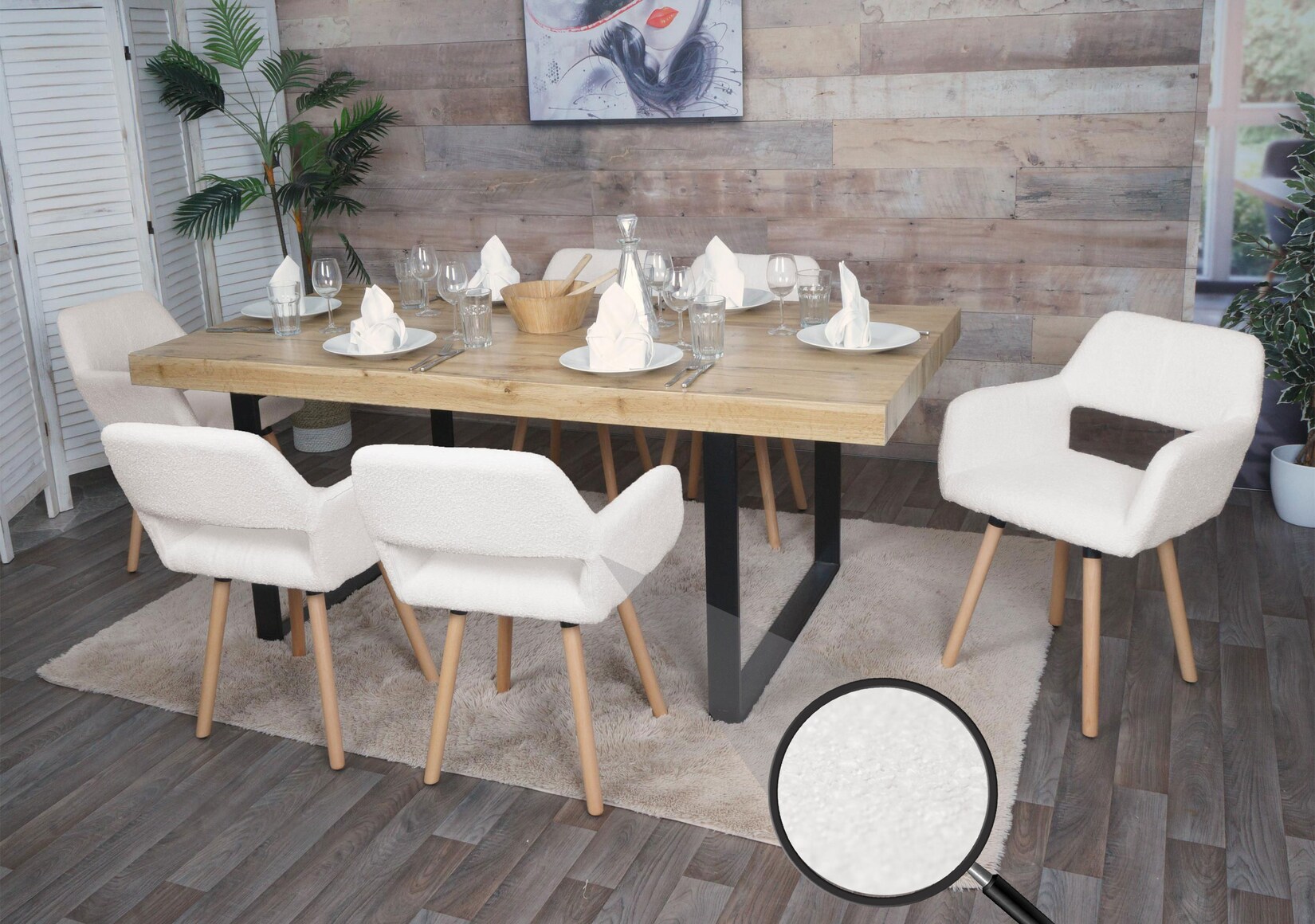 6er-Set Esszimmerstuhl MCW-A50 II, Stuhl Küchenstuhl Polsterstuhl, Holz Stoff/Textil Bouclé (450g/m²) MVG ~ creme