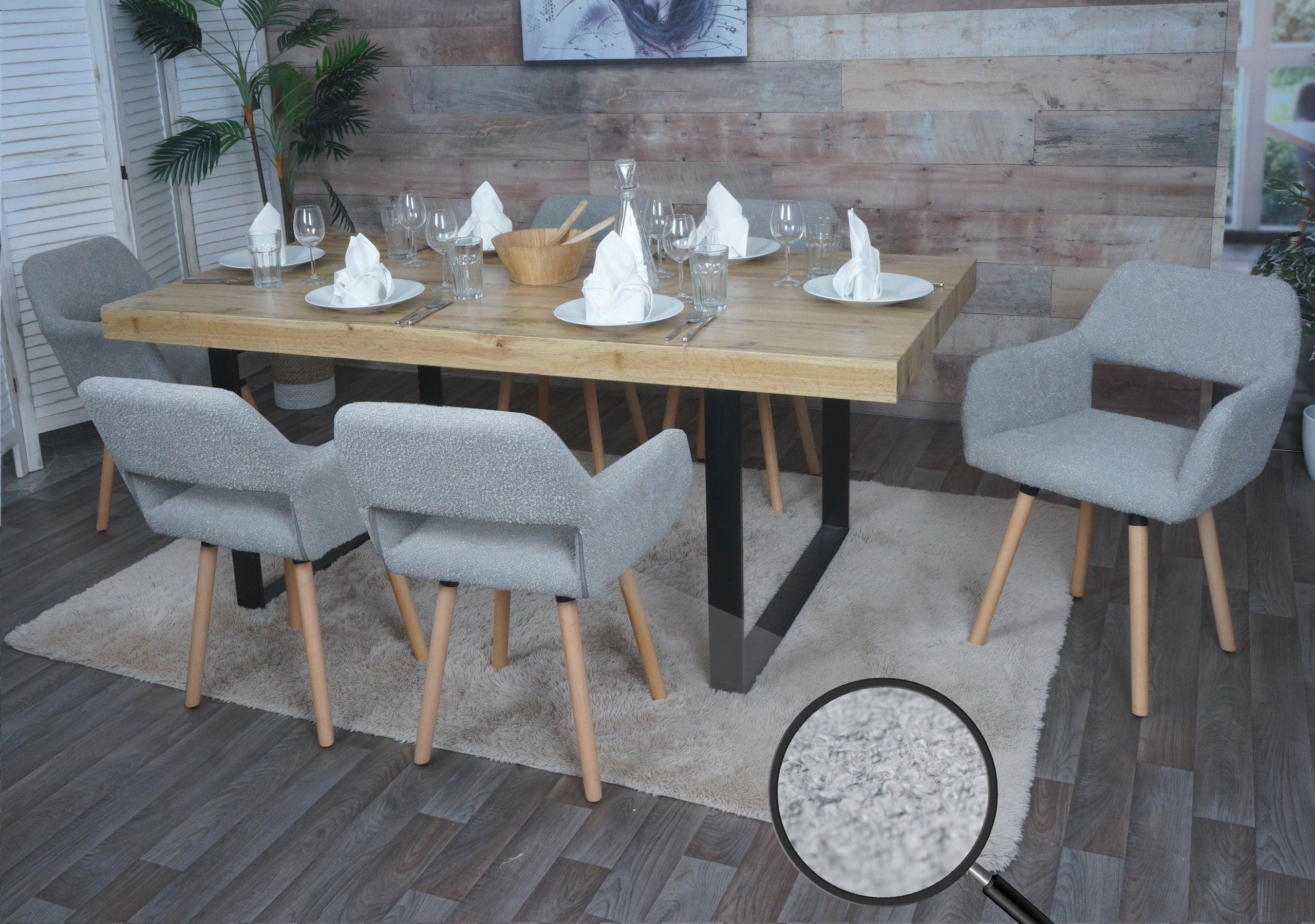 6er-Set Esszimmerstuhl MWC-A50 II, Stuhl K&uuml;chenstuhl Polsterstuhl, Holz Stoff/Textil Boucl&eacute; (450g/m&sup2;) MVG ~ grau - Bild 1