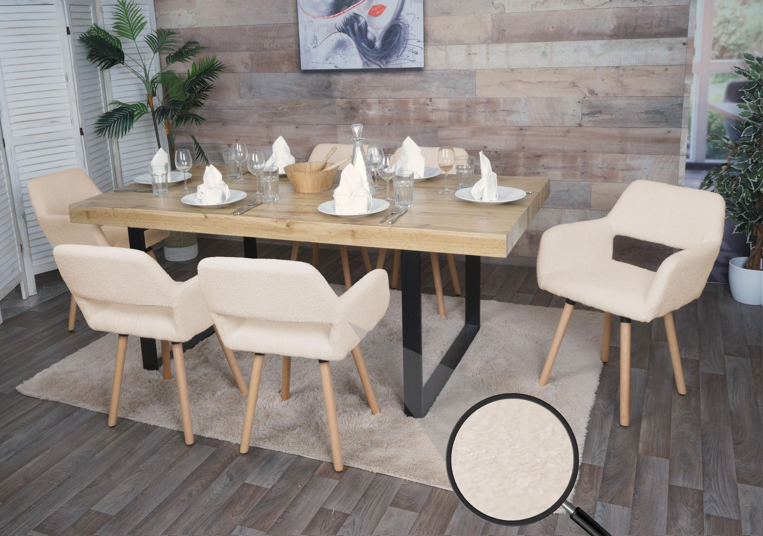 6er-Set Esszimmerstuhl MWC-A50 II, Stuhl K&uuml;chenstuhl Polsterstuhl, Holz Stoff/Textil Boucl&eacute; (450g/m&sup2;) MVG ~ beige - Bild 1