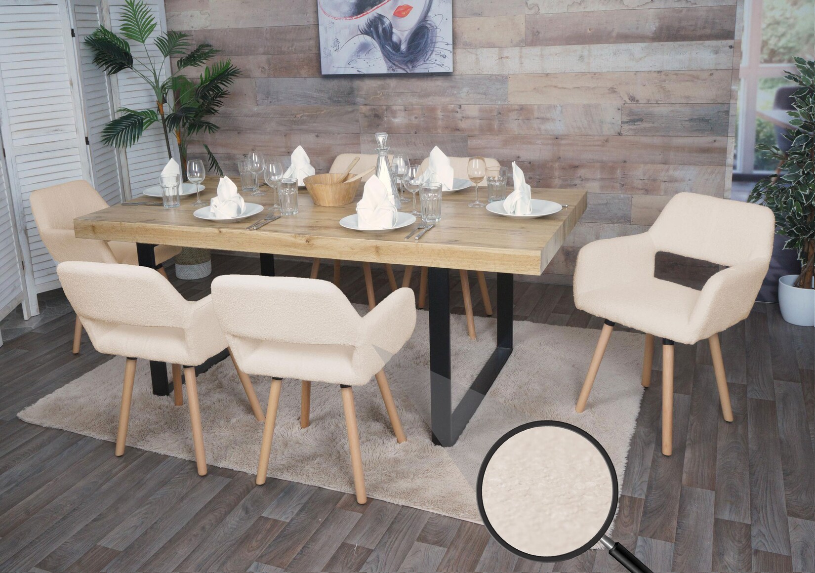 6er-Set Esszimmerstuhl MWC-A50 II, Stuhl Küchenstuhl Polsterstuhl, Holz Stoff/Textil Bouclé (450g/m²) MVG ~ beige