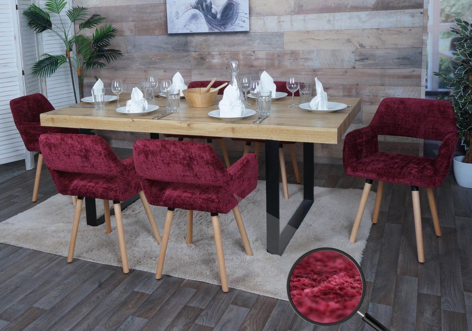 6er-Set Esszimmerstuhl MCW-A50 II, Küchenstuhl Polsterstuhl, Holz Stoff/Textil Chenille (465g/m²) MVG ~ bordeaux