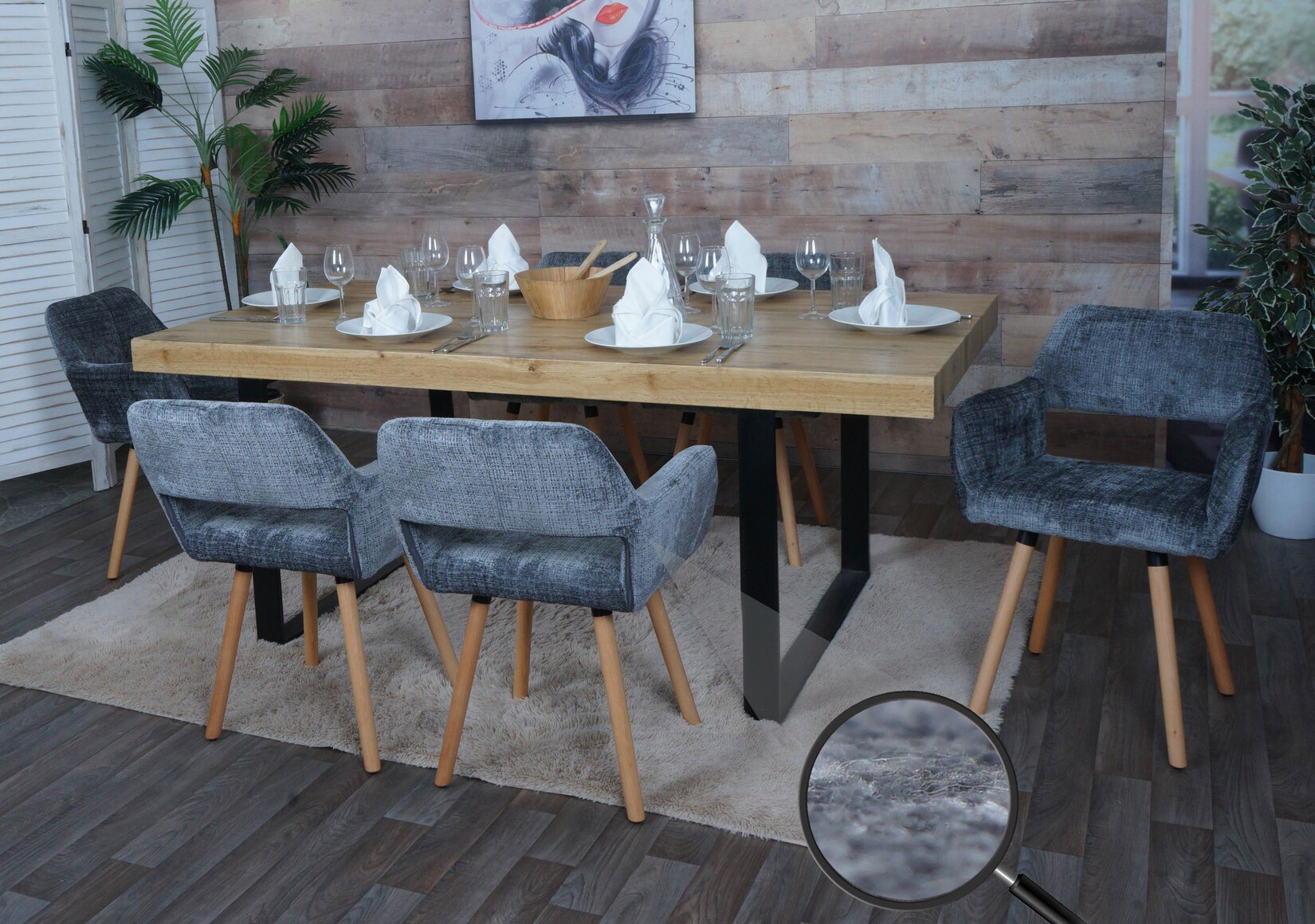 6er-Set Esszimmerstuhl MCW-A50 II, Küchenstuhl Polsterstuhl, Holz Stoff/Textil Chenille (465g/m²) MVG ~ dunkelgrau