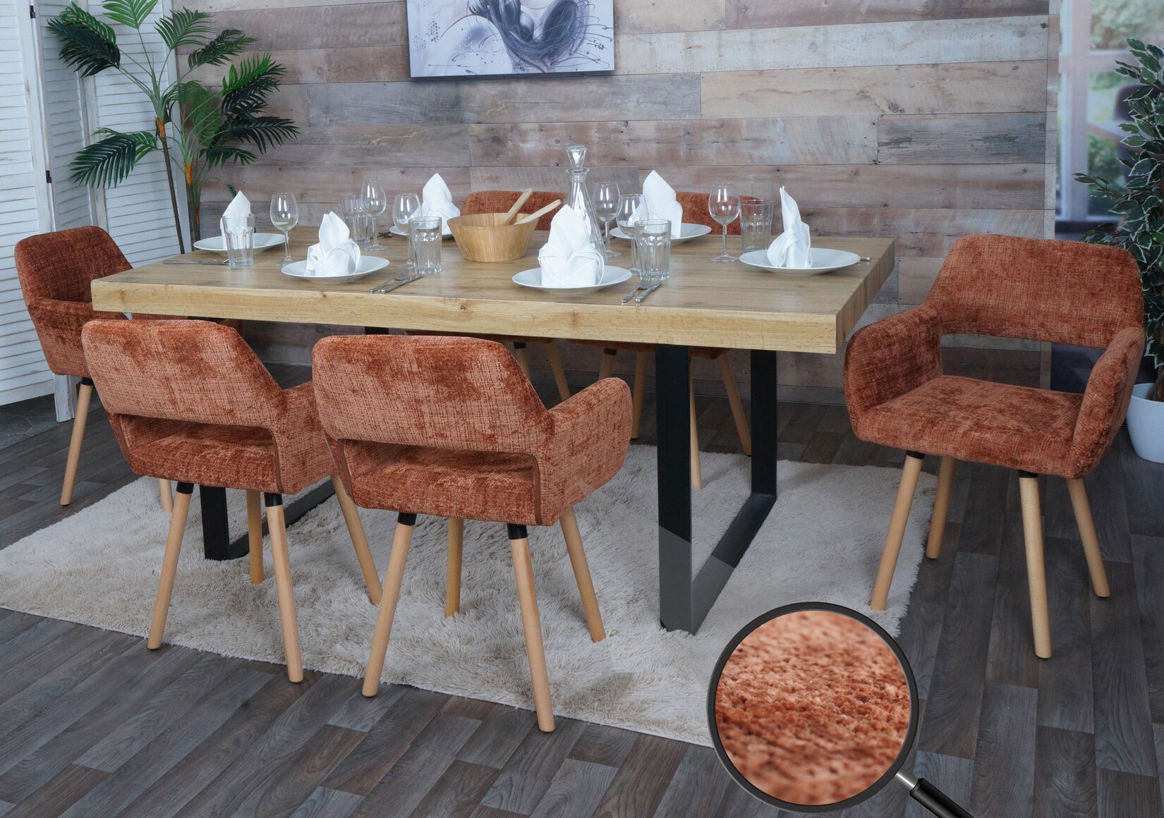 6er-Set Esszimmerstuhl MCW-A50 II, Küchenstuhl Polsterstuhl, Holz Stoff/Textil Chenille (465g/m²) MVG ~ terrakotta