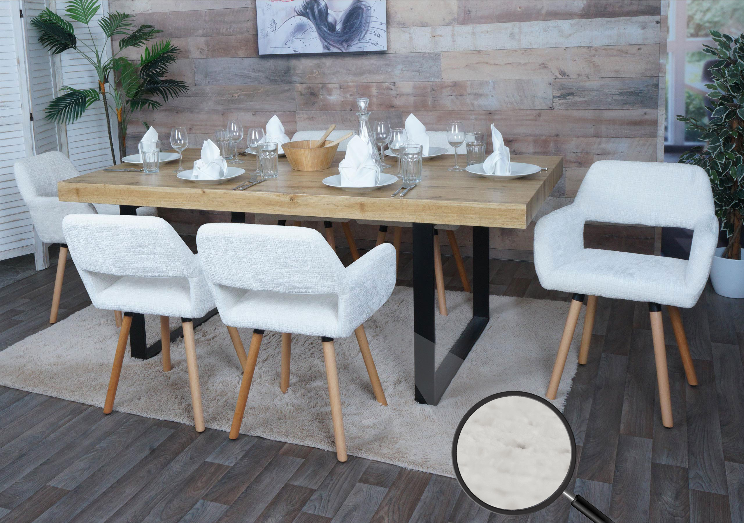 6er-Set Esszimmerstuhl MCW-A50 II, K&uuml;chenstuhl Polsterstuhl, Holz Stoff/Textil Chenille (465g/m&sup2;) MVG ~ creme - Bild 1