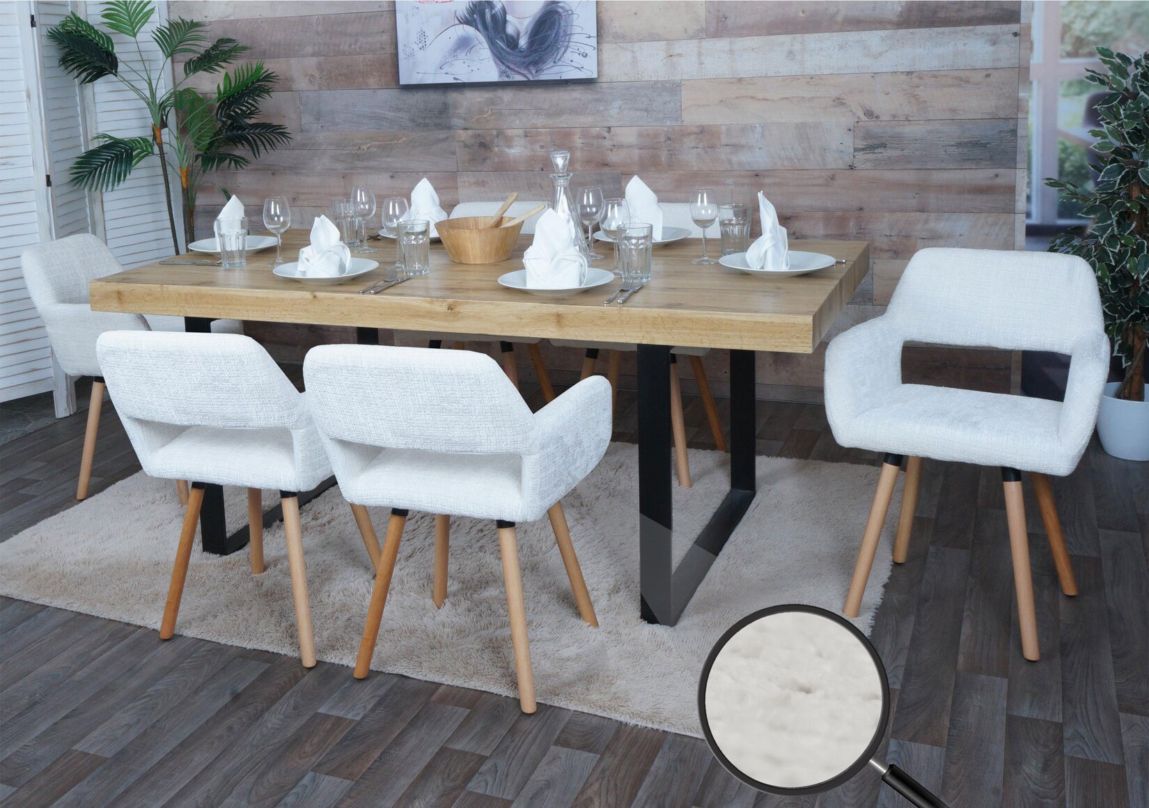 6er-Set Esszimmerstuhl MCW-A50 II, Küchenstuhl Polsterstuhl, Holz Stoff/Textil Chenille (465g/m²) MVG ~ creme