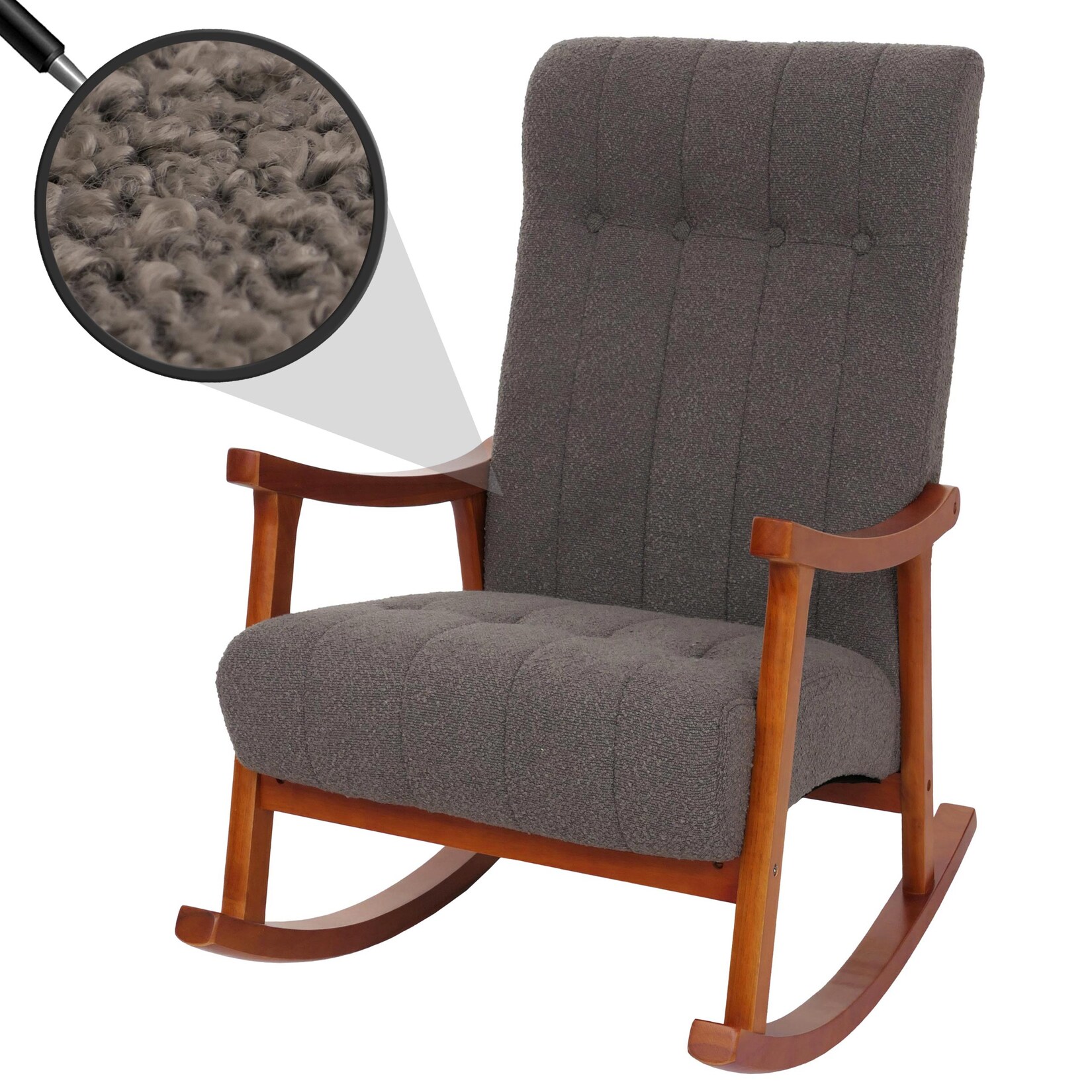 Schaukelstuhl MCW-K10, Relaxsessel, Holz MVG Stoff/Textil Bouclé (450g/m²) ~ dunkelgrau, Gestell Walnuss-Optik