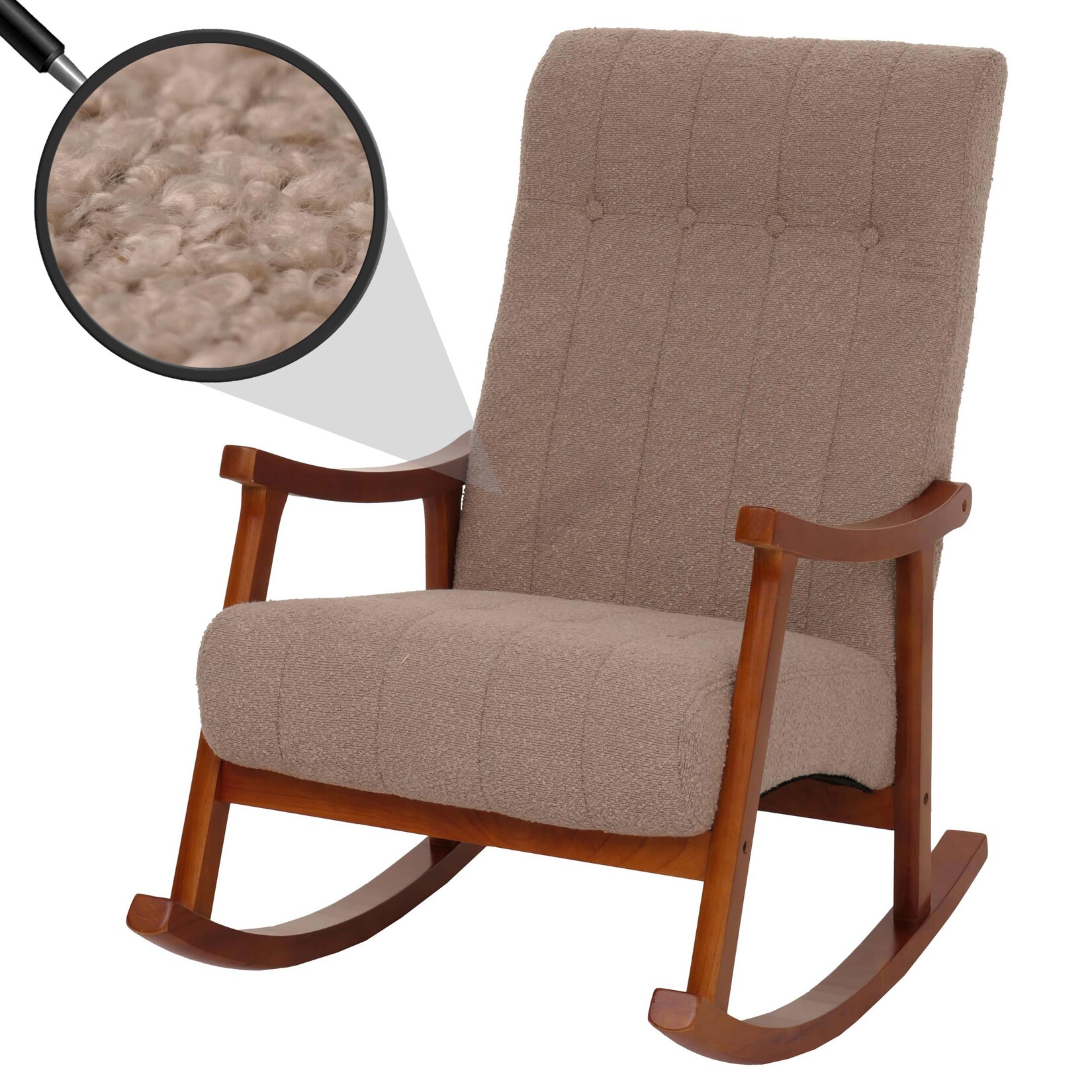 Schaukelstuhl MCW-K10, Relaxsessel, Holz MVG Stoff/Textil Bouclé (450g/m²) ~ taupe, Gestell Walnuss-Optik