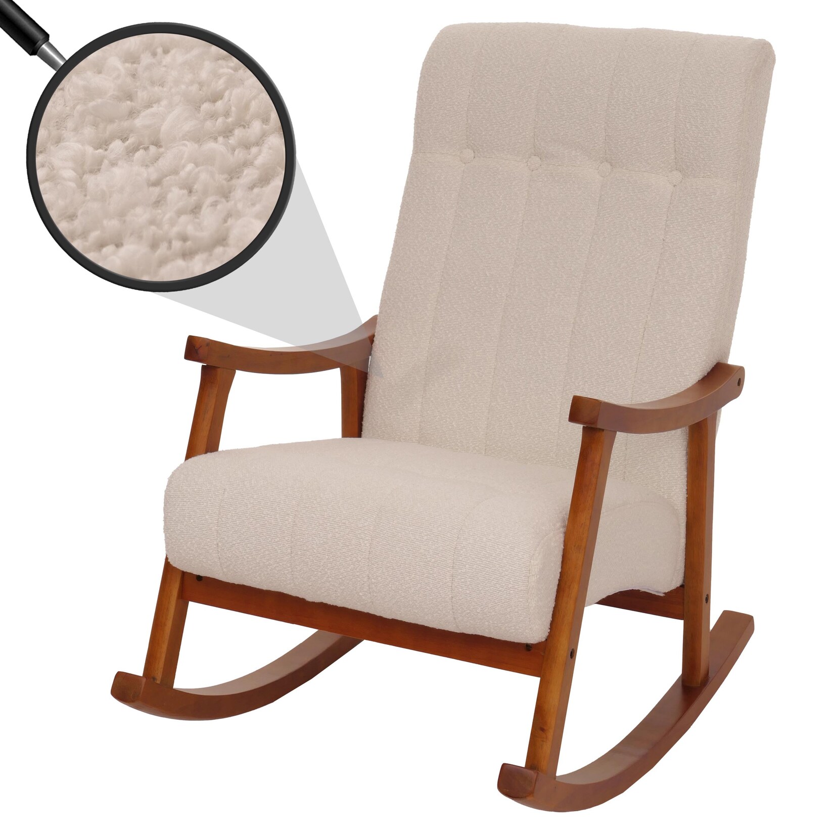 Schaukelstuhl MCW-K10, Relaxsessel, Holz MVG Stoff/Textil Bouclé (450g/m²) ~ beige, Gestell Walnuss-Optik