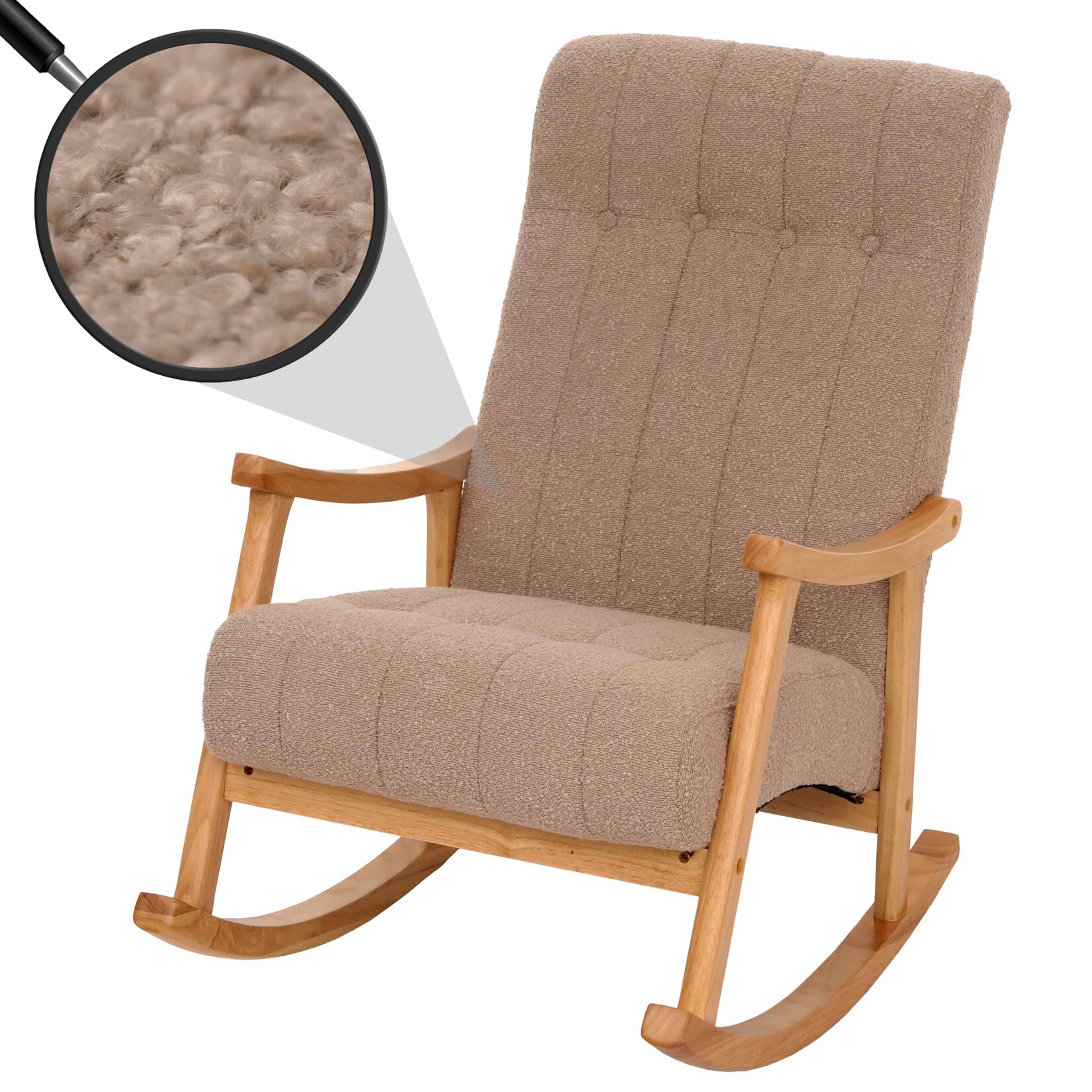 Schaukelstuhl MCW-K10, Relaxsessel, Holz MVG Stoff/Textil Bouclé (450g/m²) ~ taupe, Gestell natur | 04057651704678