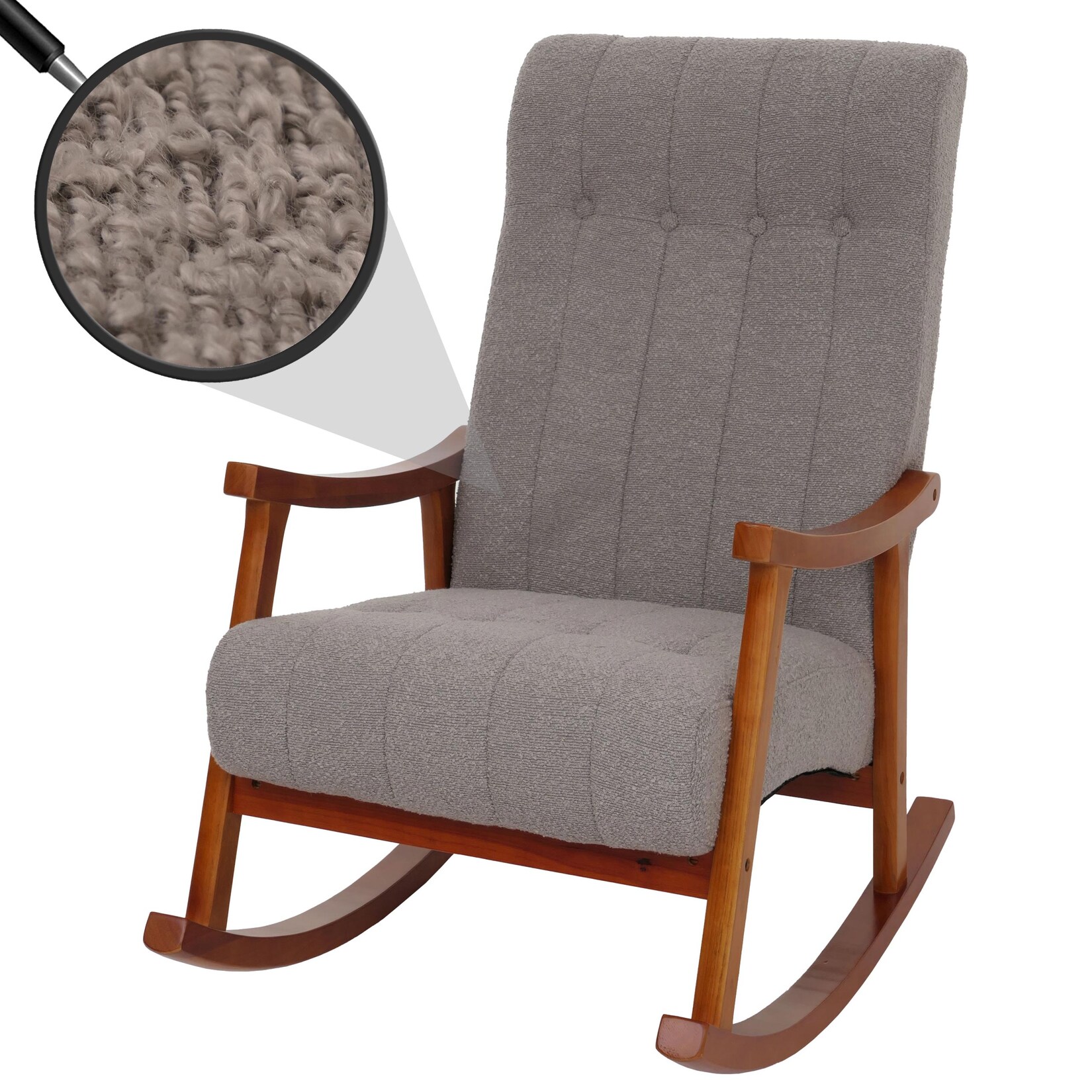 Schaukelstuhl MCW-K10, Relaxsessel, Holz MVG Stoff/Textil Bouclé (450g/m²) ~ grau, Gestell Walnuss-Optik