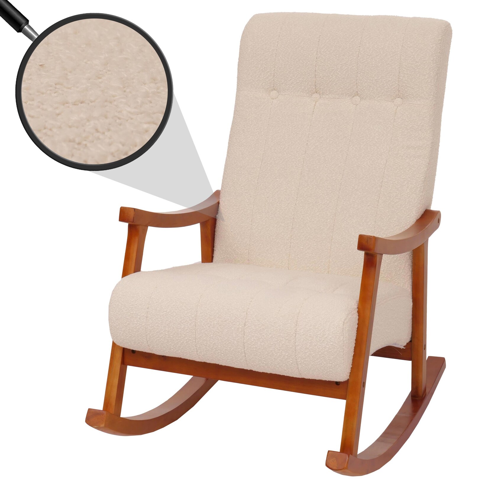 Schaukelstuhl MCW-K10, Relaxsessel, Holz MVG Stoff/Textil Bouclé (450g/m²) ~ creme, Gestell Walnuss-Optik