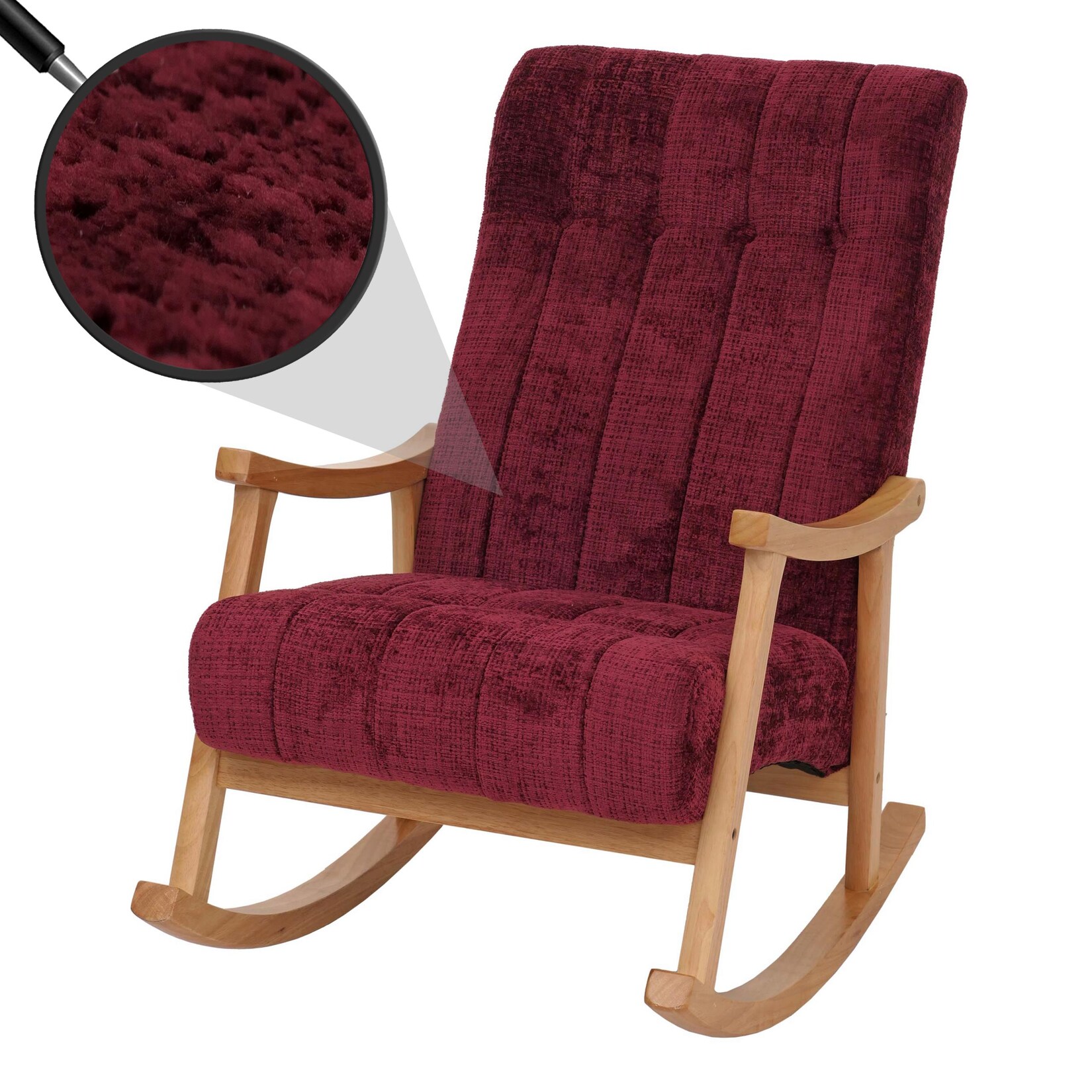 Schaukelstuhl MCW-K10, Relaxsessel, Holz MVG Stoff/Textil Chenille (465g/m²) ~ bordeaux, Gestell natur