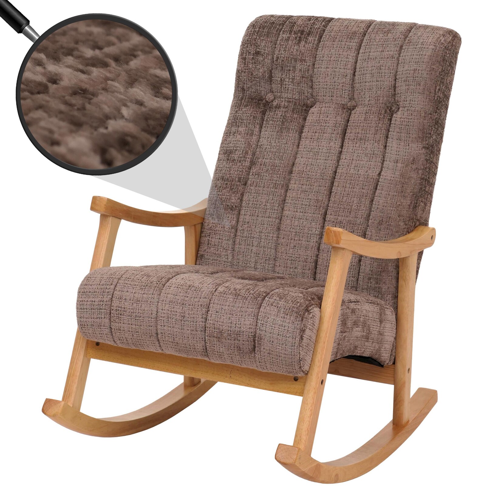 Schaukelstuhl MCW-K10, Relaxsessel, Holz MVG Stoff/Textil Chenille (465g/m²) ~ braun, Gestell natur