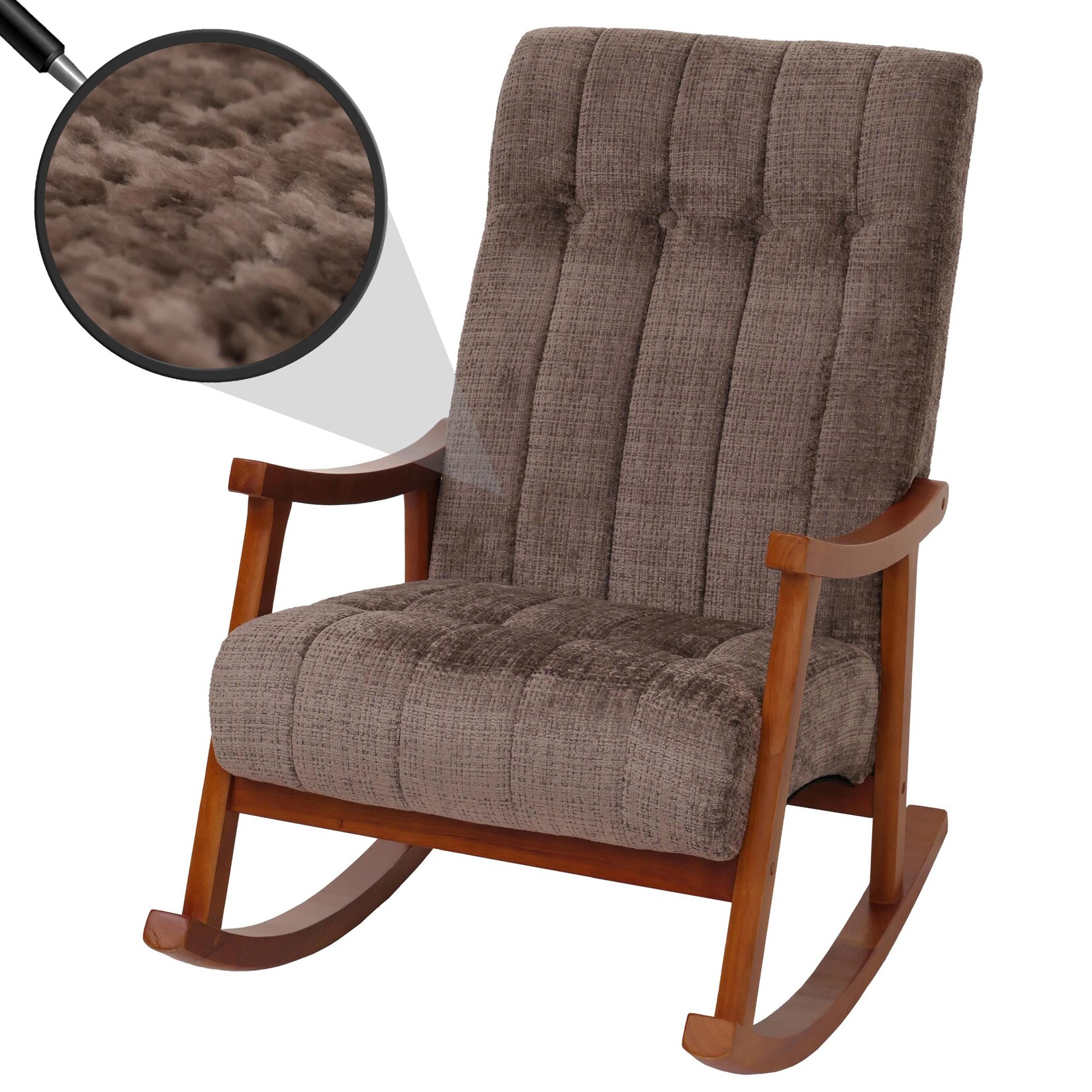 Schaukelstuhl MCW-K10, Relaxsessel, Holz MVG Stoff/Textil Chenille (465g/m²) ~ braun, Gestell Walnuss-Optik