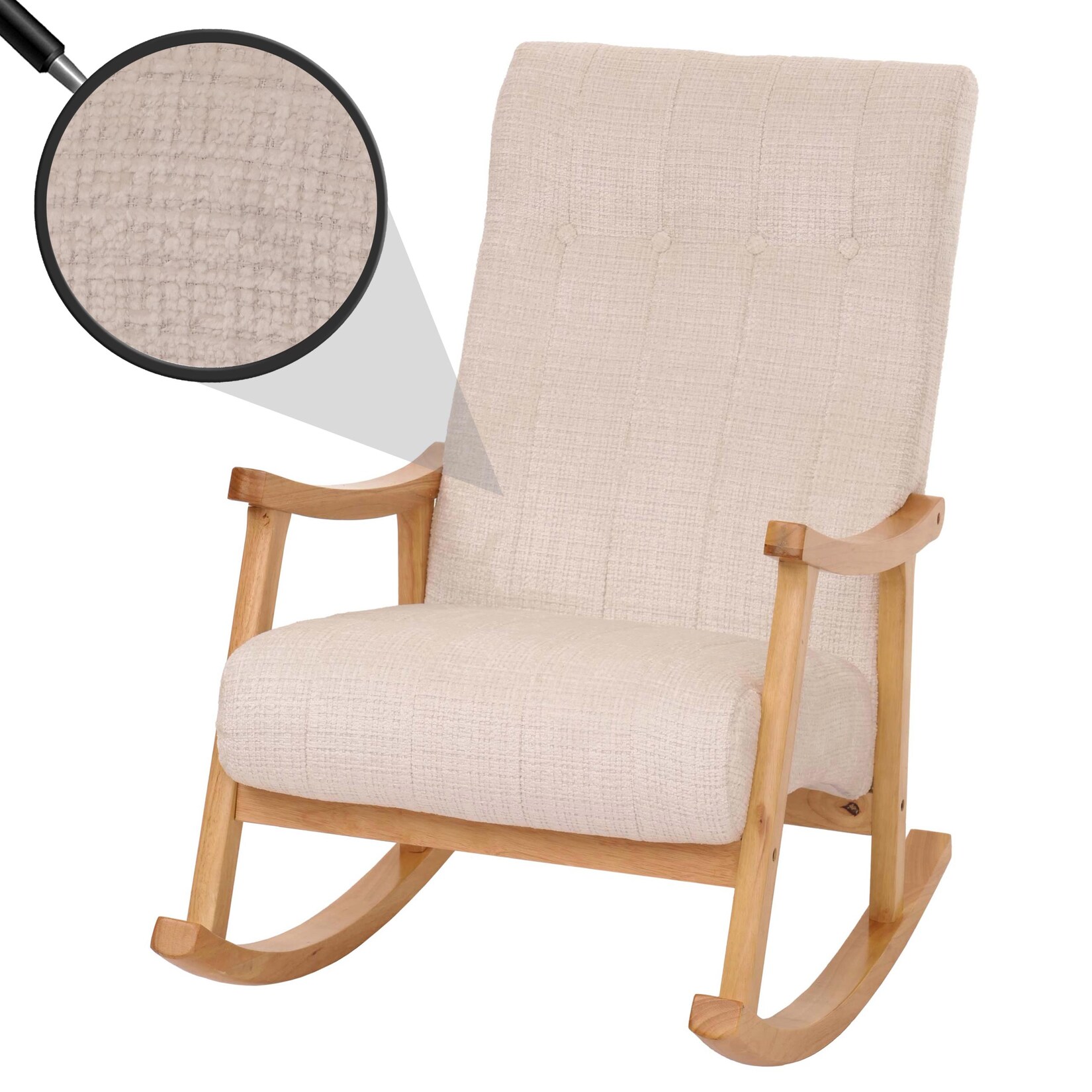 Schaukelstuhl MCW-K10, Relaxsessel, Holz MVG Stoff/Textil Chenille (465g/m²) ~ creme, Gestell natur
