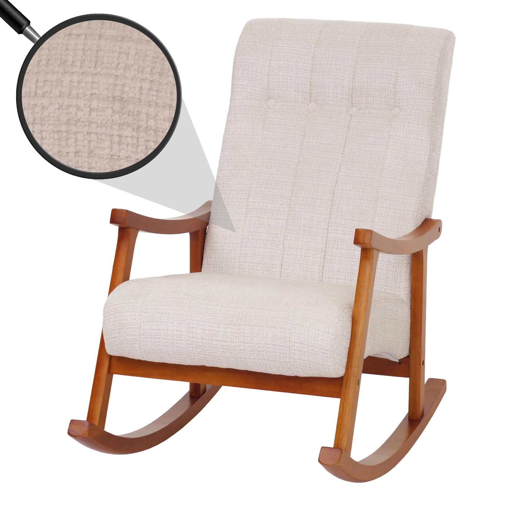 Schaukelstuhl MCW-K10, Relaxsessel, Holz MVG Stoff/Textil Chenille (465g/m²) ~ creme, Gestell Walnuss-Optik