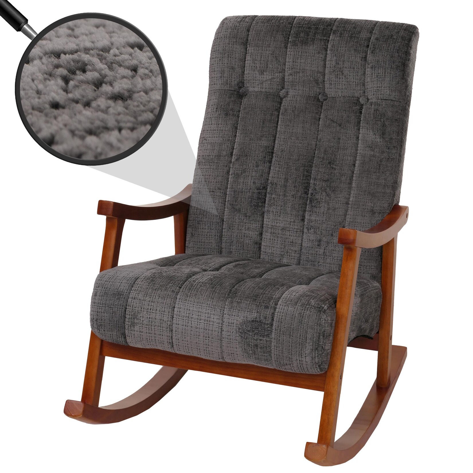 Schaukelstuhl MCW-K10, Relaxsessel, Holz MVG Stoff/Textil Chenille (465g/m²) ~ dunkelgrau, Gestell Walnuss-Optik