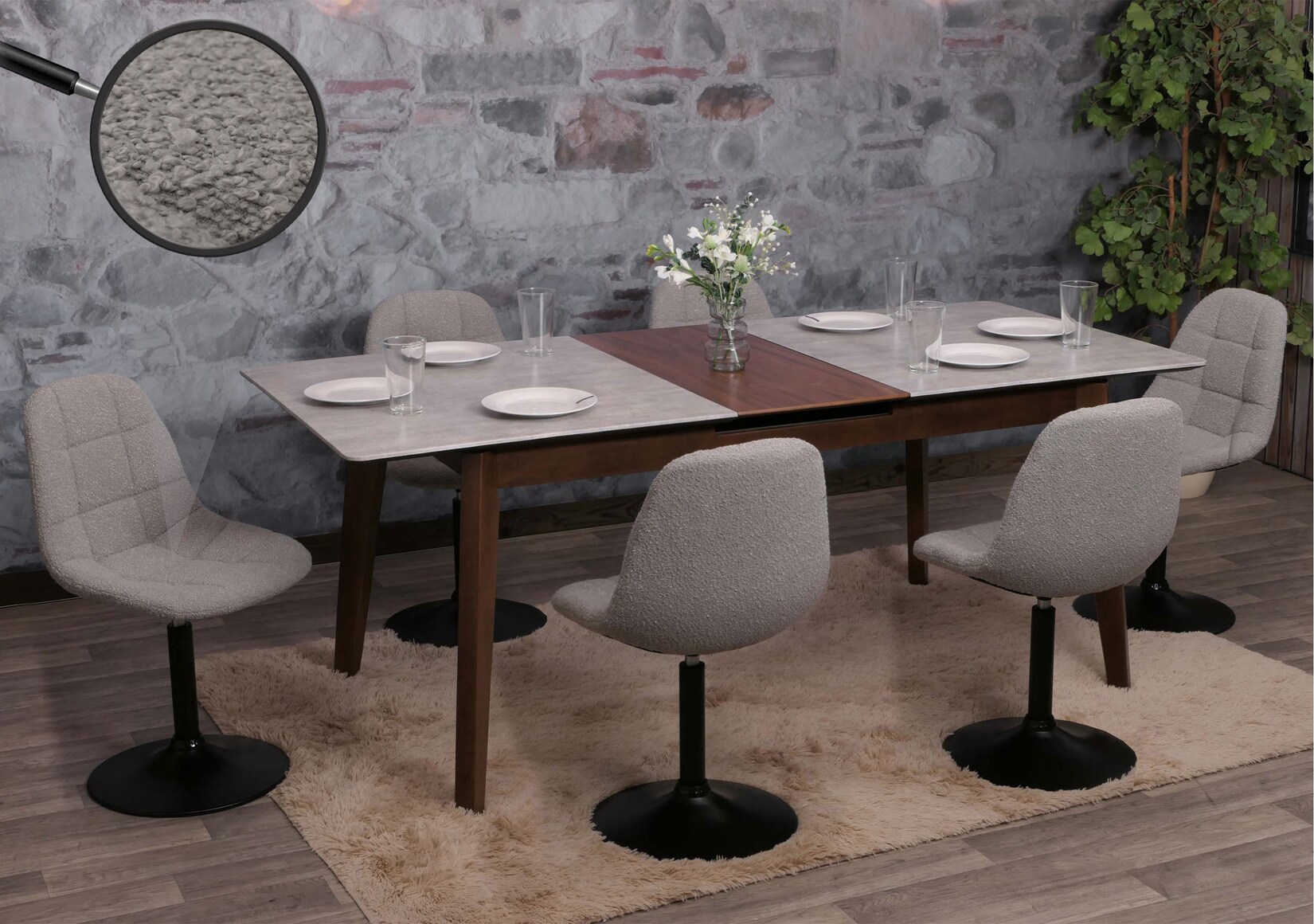 6er-Set Esszimmerstuhl MCW-A60, Küchenstuhl Stuhl Drehstuhl, Stahl MVG Stoff/Textil Bouclé (450g/m²) ~ grau