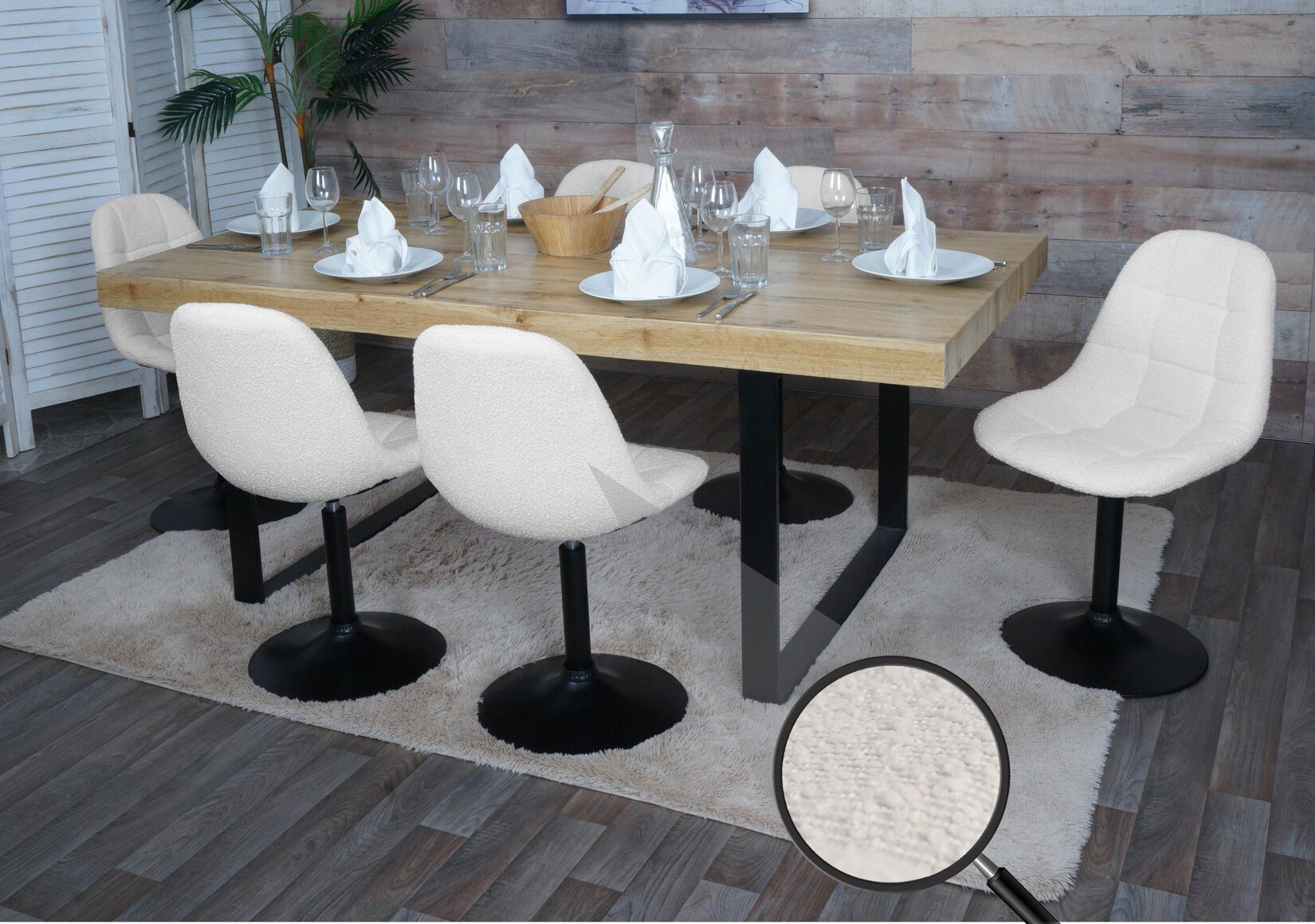 6er-Set Esszimmerstuhl MCW-A60, Küchenstuhl Stuhl Drehstuhl, Stahl MVG Stoff/Textil Bouclé (450g/m²) ~ beige