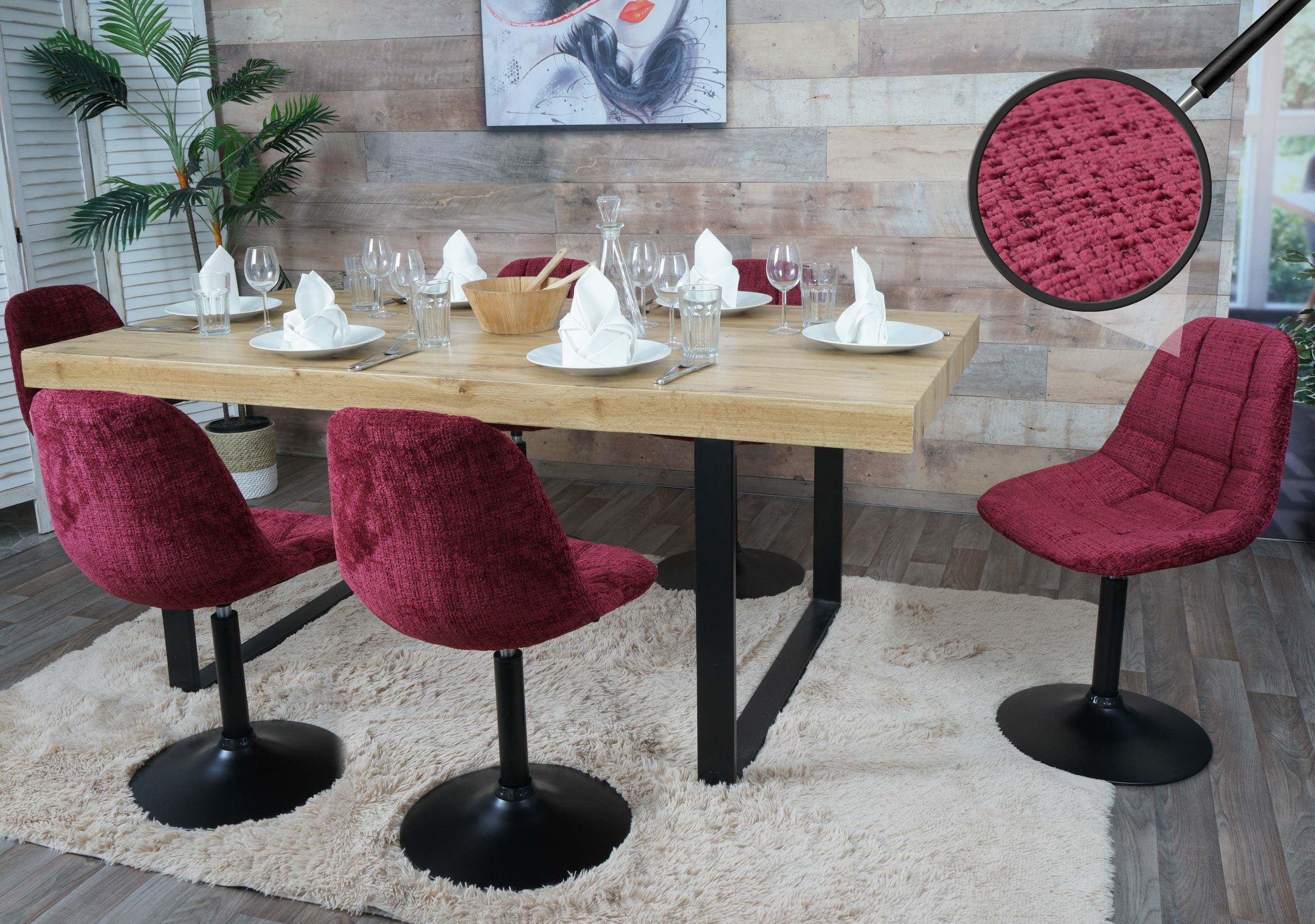 6er-Set Esszimmerstuhl MCW-A60, K&uuml;chenstuhl Stuhl Drehstuhl, Stahl MVG Stoff/Textil Chenille (465g/m&sup2;) ~ bordeaux - Bild 1
