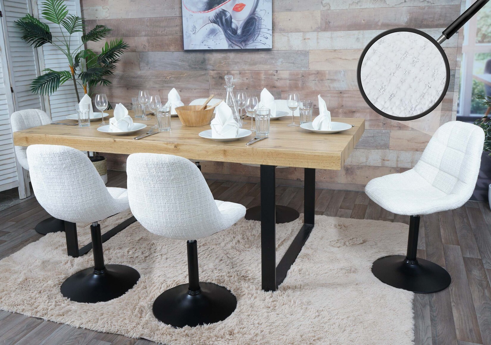 6er-Set Esszimmerstuhl MCW-A60, Küchenstuhl Stuhl Drehstuhl, Stahl MVG Stoff/Textil Chenille (465g/m²) ~ creme