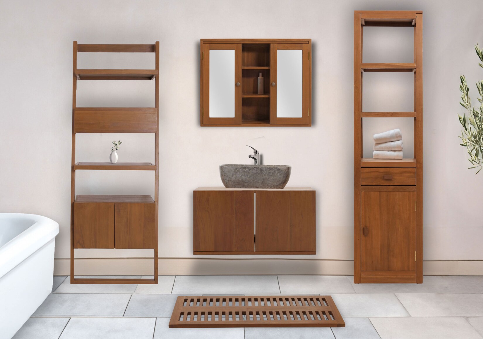 Teak-Badezimmer-Set MCW-M86, Waschtisch Regal Leiterregal Wandspiegel Badematte, hochwertiges B-Grade-Teak | 04057651704463