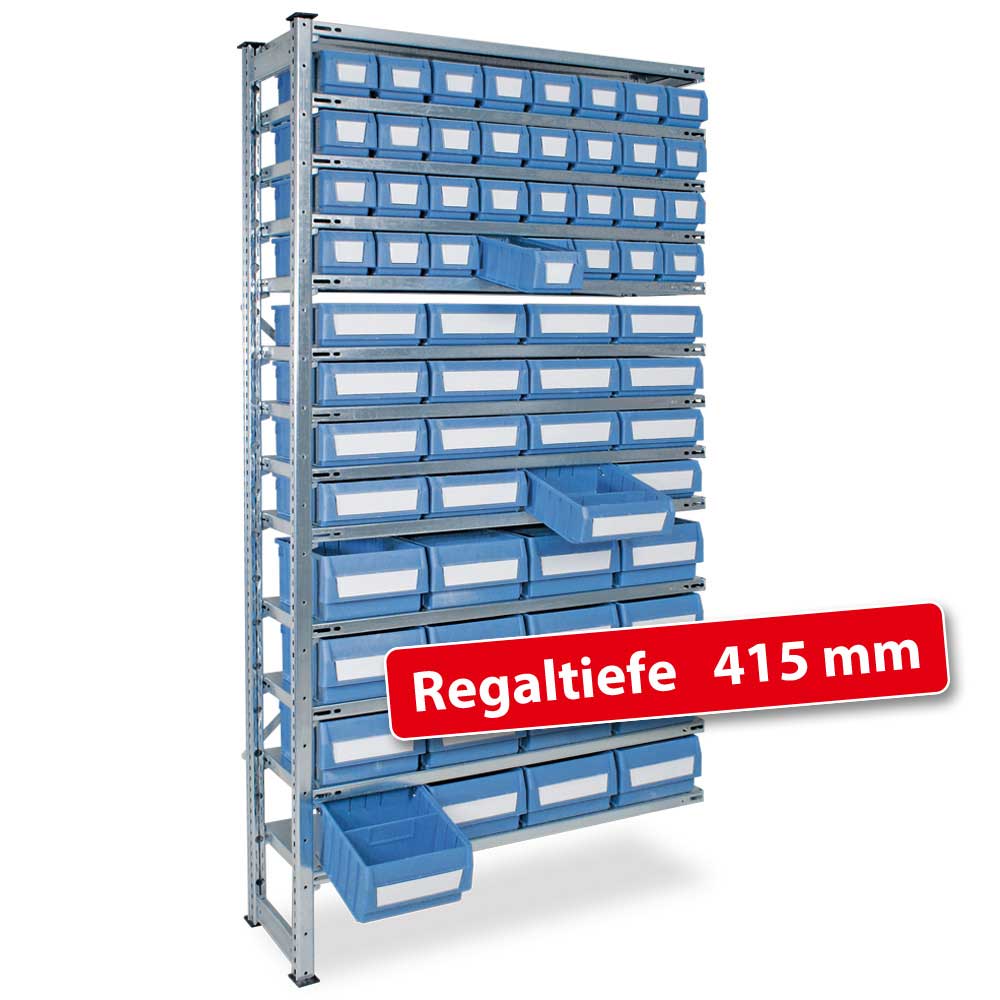 Fachbodensteck-Anbauregal, BxTxH 1000x415x2000 mm, 13 B&ouml;den, mit 64 Regalk&auml;sten, 3 Gr&ouml;&szlig;en gemischt, Farbe hellblau - Bild 1