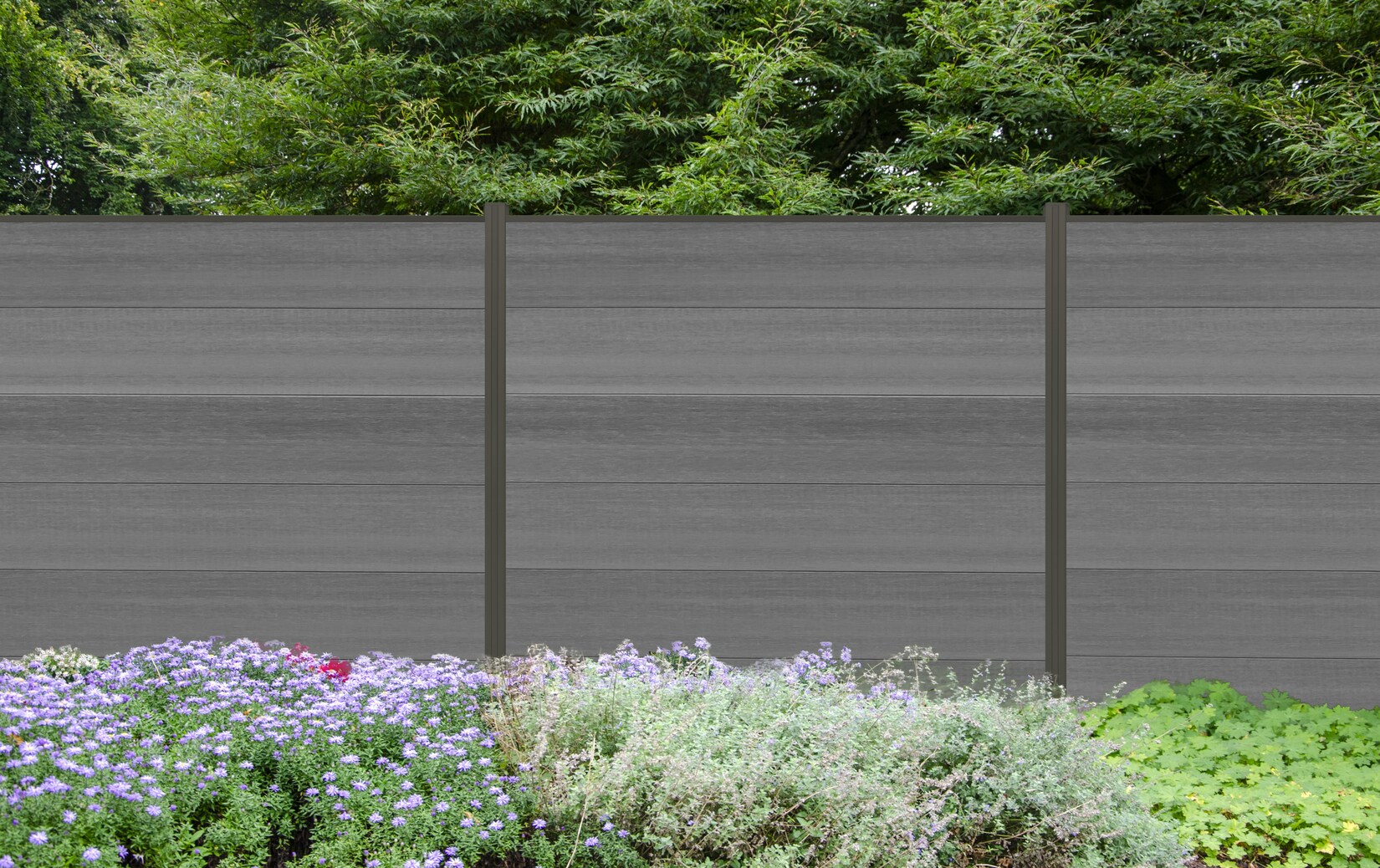 WPC Sichtschutzzaun Cora Line 5 x Zaunfeld grau und 6 x Alu-Pfosten anthrazit zum Einbetonieren