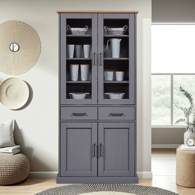 Inter Link FSC Vitrinenschrank Forenzo, Kiefer Massivholz - grau, oak Colori - Bild 1