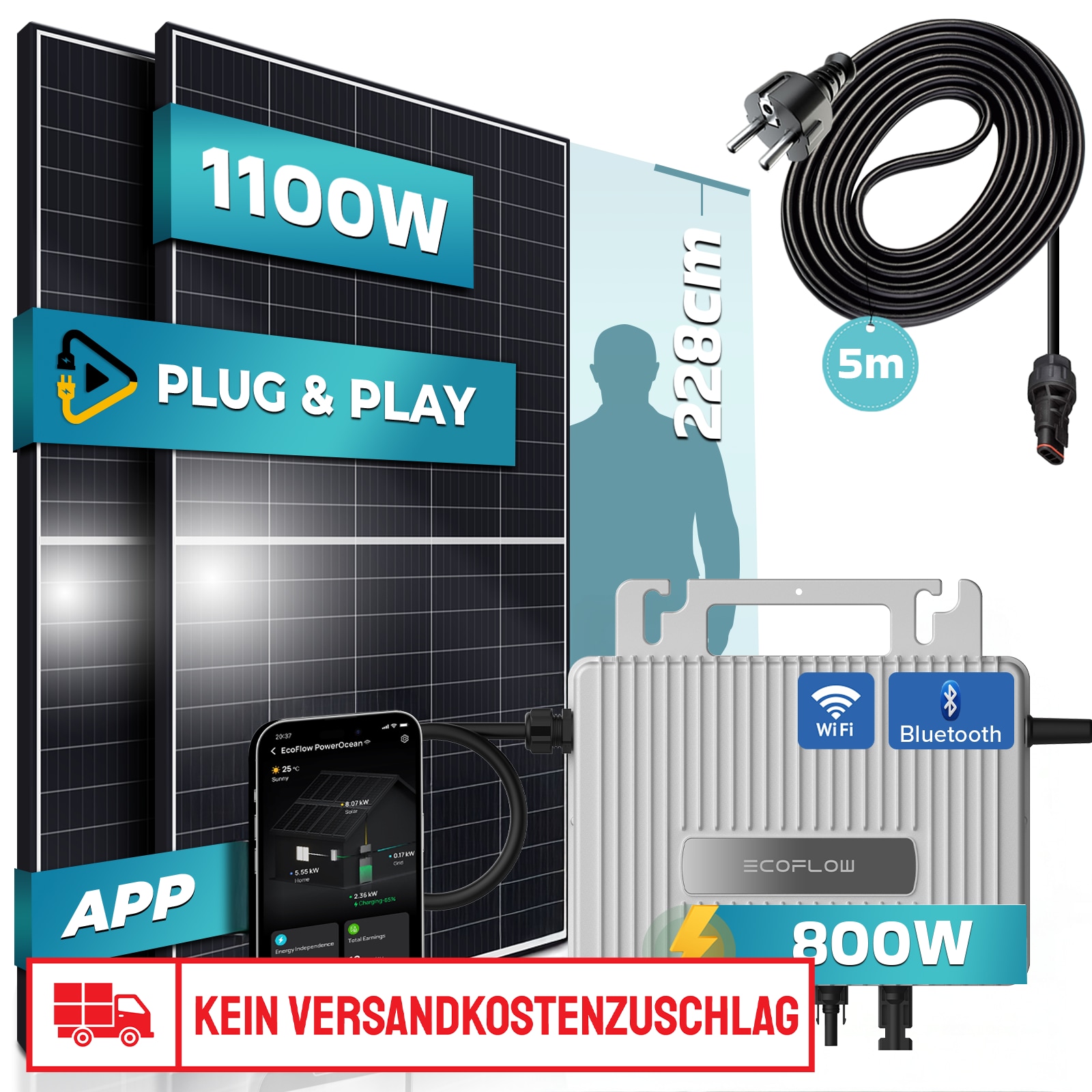 Balkonkraftwerk 1300W - 2x500W Solarmodule Mit Ecoflow Wechselrichter