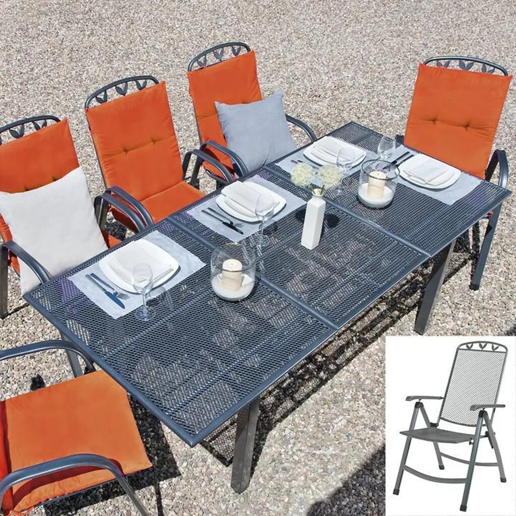 Toulouse Gartenmöbel-Set, 9-teilig, 8 Klappsessel und Ausziehtisch, robust und wetterfest, klappbar, für Terrasse, Balkon, Garten, eisengrau | 04005437110168