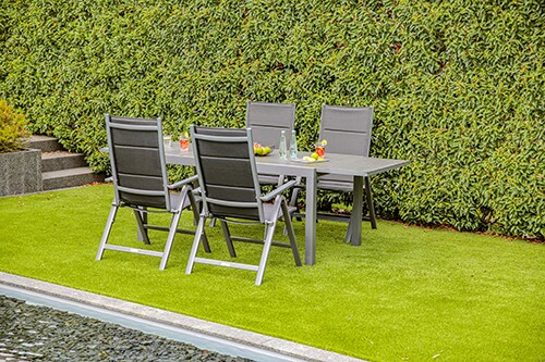 Gartenmöbel-Set, 5-teilig, Ausziehtisch, Klappsessel, Textilene, Glas-Keramik-Tischplatte, anthrazit, für 4 Personen | 04005437296084