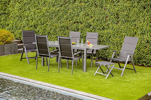 Gartenm&ouml;bel-Set Grenada 4, 9-teilig, Ausziehtisch, Klappsessel, Stapelst&uuml;hle, Klapphocker, Textilene, Glas-Keramik-Tischplatte, anthrazit, f&uuml;r 8 Personen - Bild 1