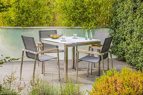 Gartenmöbel-Set Sydney 3, 5-teilig, Edelstahl, Tisch quadratisch, Stapelstühle, Textilene, Teakholz, grau, für Terrasse und Wintergarten | 04005437296527