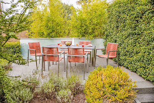 Gartenm&ouml;bel-Set Boston 6, 7-teilig, Edelstahl, rechteckiger Tisch, Stapelst&uuml;hle, Textilene-Ropes, rot, f&uuml;r Terrasse und Wintergarten - Bild 1