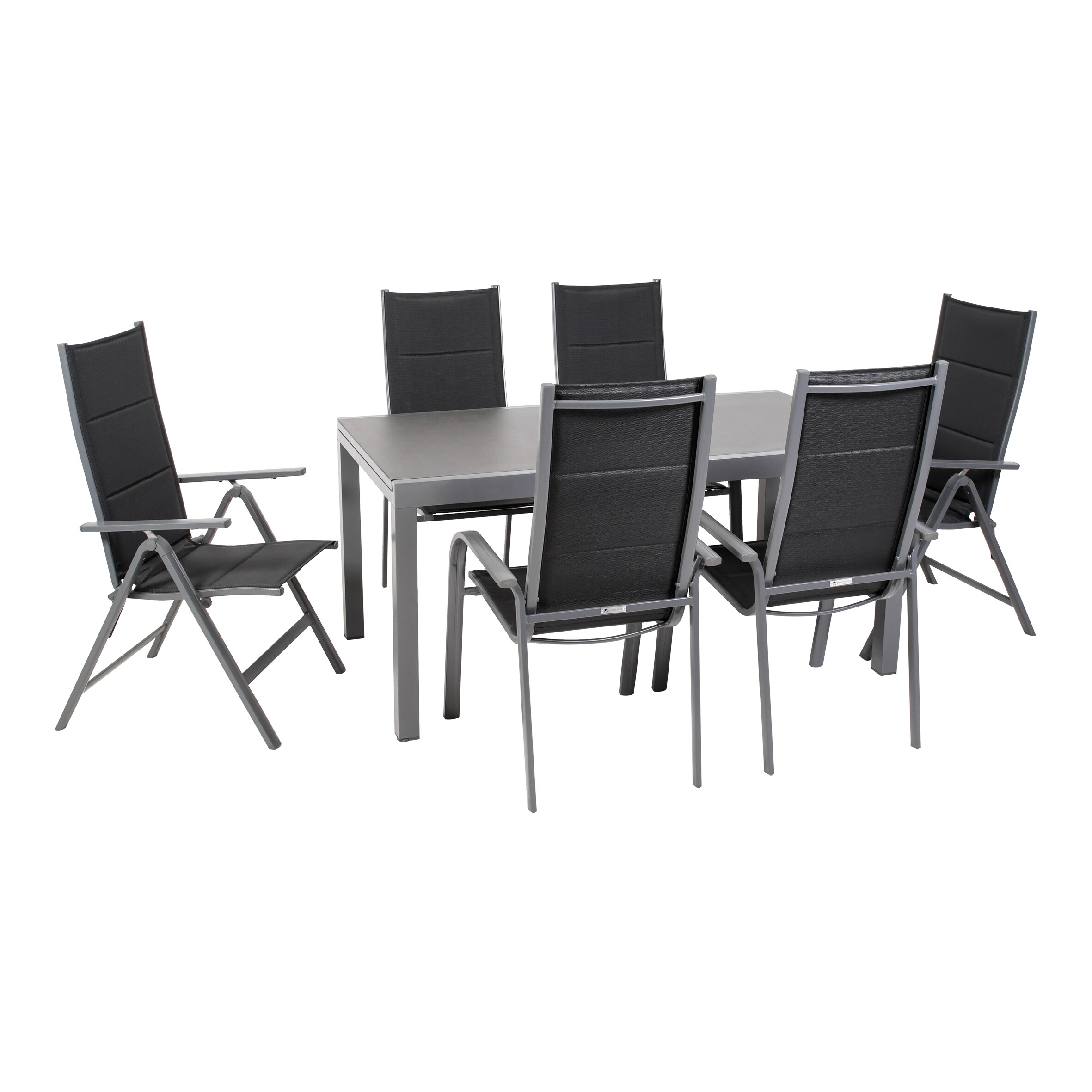Gartenm&ouml;bel-Set Grenada 6, 7-teilig, rechteckiger Tisch, Klappsessel, Stapelst&uuml;hle, Aluminium, Textilene, schwarz, Glas-Tischplatte, f&uuml;r Garten, Terrasse, Wintergarten - Bild 1