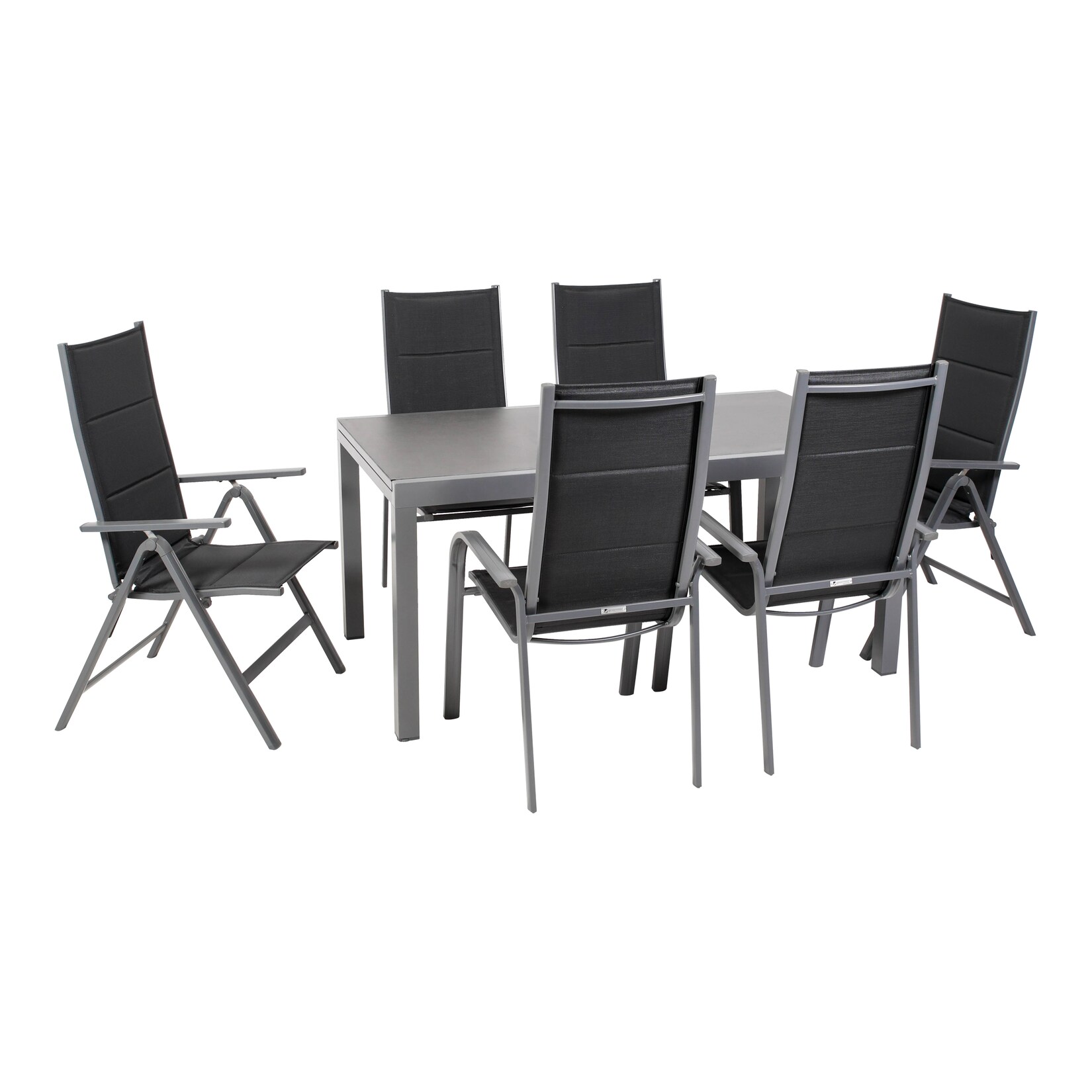 Gartenmöbel-Set Grenada 6, 7-teilig, rechteckiger Tisch, Klappsessel, Stapelstühle, Aluminium, Textilene, schwarz, Glas-Tischplatte, für Garten, Terrasse, Wintergarten | 04005437296657