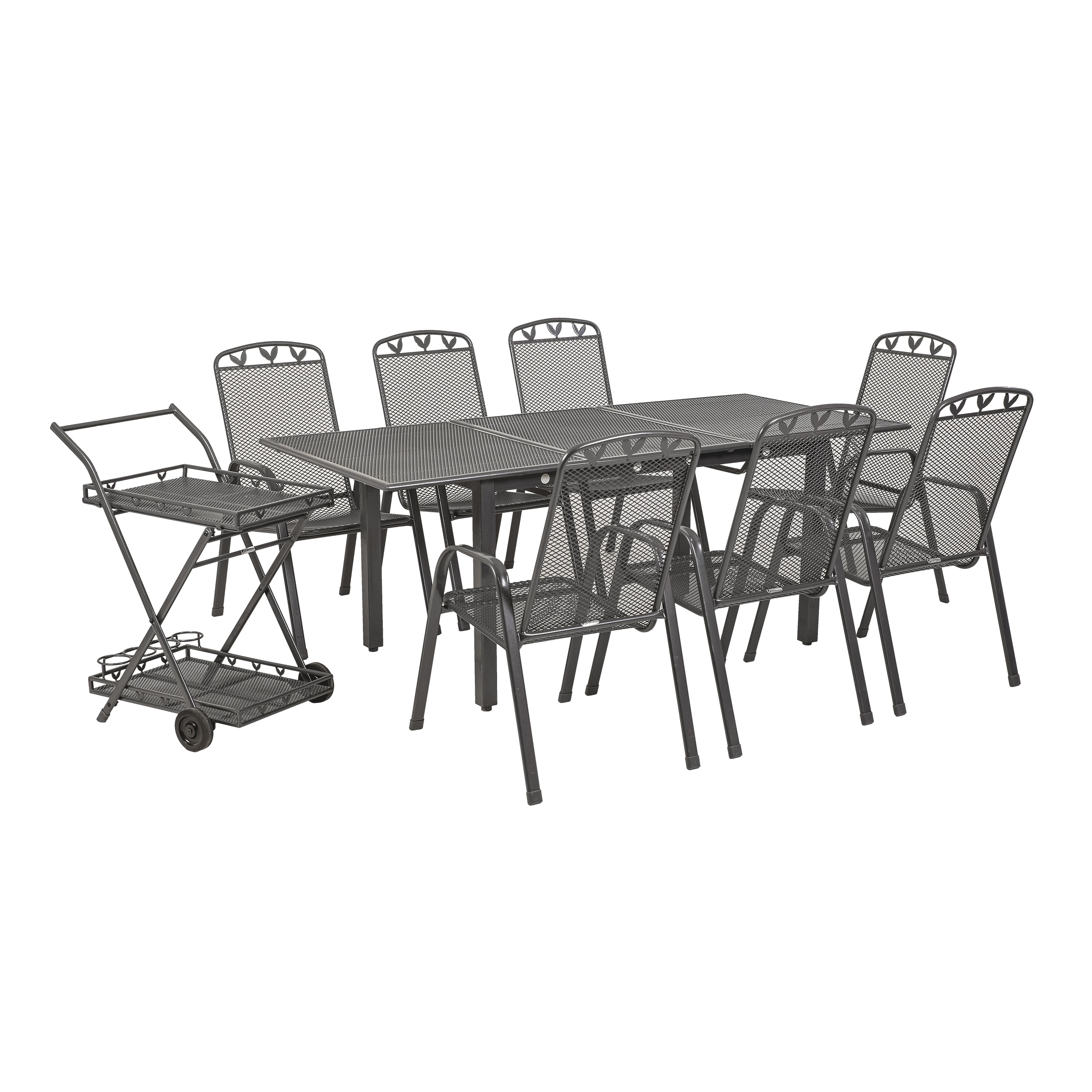 Gartentischgruppe Toulouse, 9-teilig, ausziehbar, stapelbar, Servierwagen, Eisenstahl, Kunststoffummantelung, Streckmetall-Design, eisengrau, mit Blatt-Applikationen - Bild 1