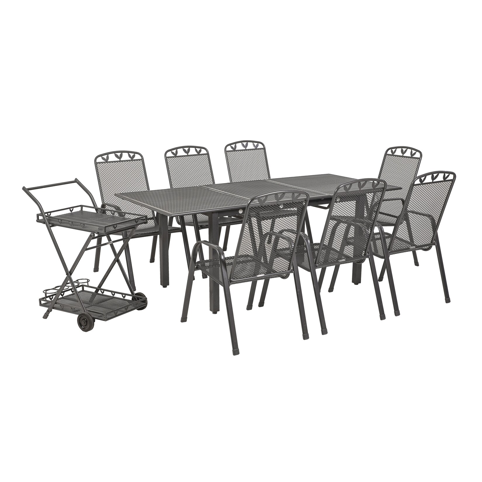 Gartentischgruppe Toulouse, 9-teilig, ausziehbar, stapelbar, Servierwagen, Eisenstahl, Kunststoffummantelung, Streckmetall-Design, …
