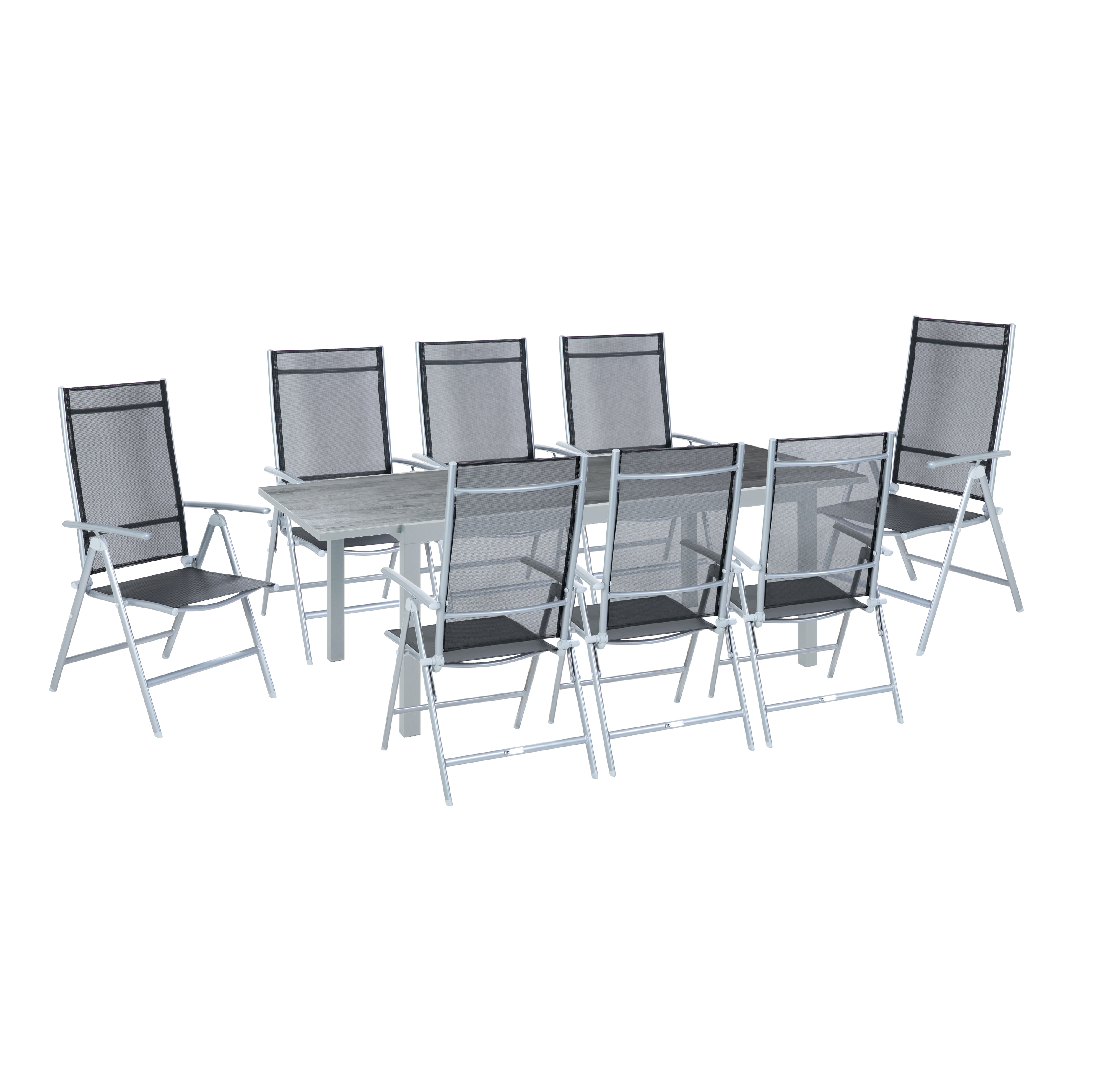 Gartenm&ouml;belset Monza, 9teilig - Tisch ausziehbar, 8 st&uuml;hle, klappbar, verstellbare r&uuml;cklehne, alu, textilene, silber-schwarz - Bild 1