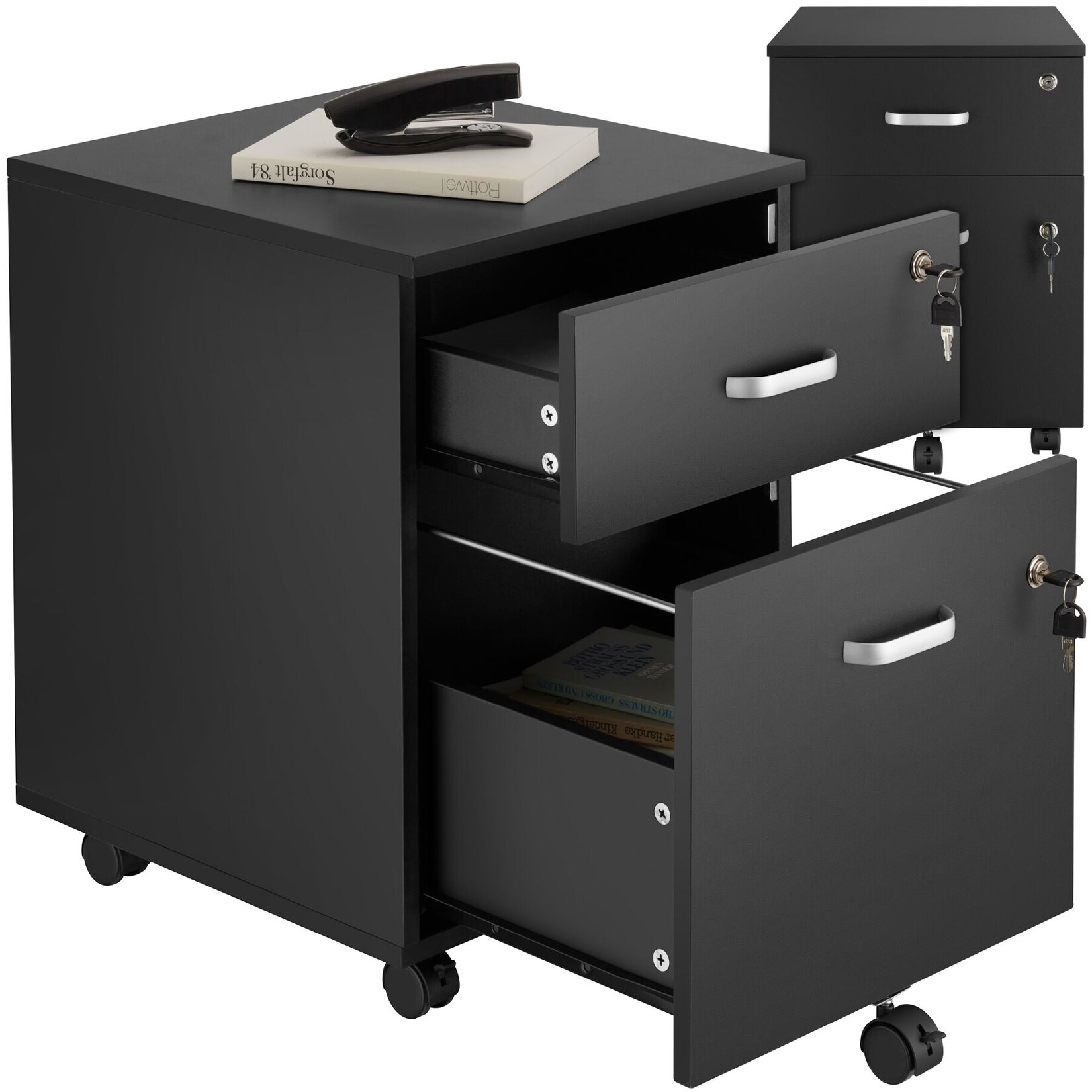 tectake® Rollcontainer, mit 2 Schubladen für Dokumente im A4 Format, 5 voll drehbare Rollen mit Feststellbremse, 40 x 44 x 54,5 cm