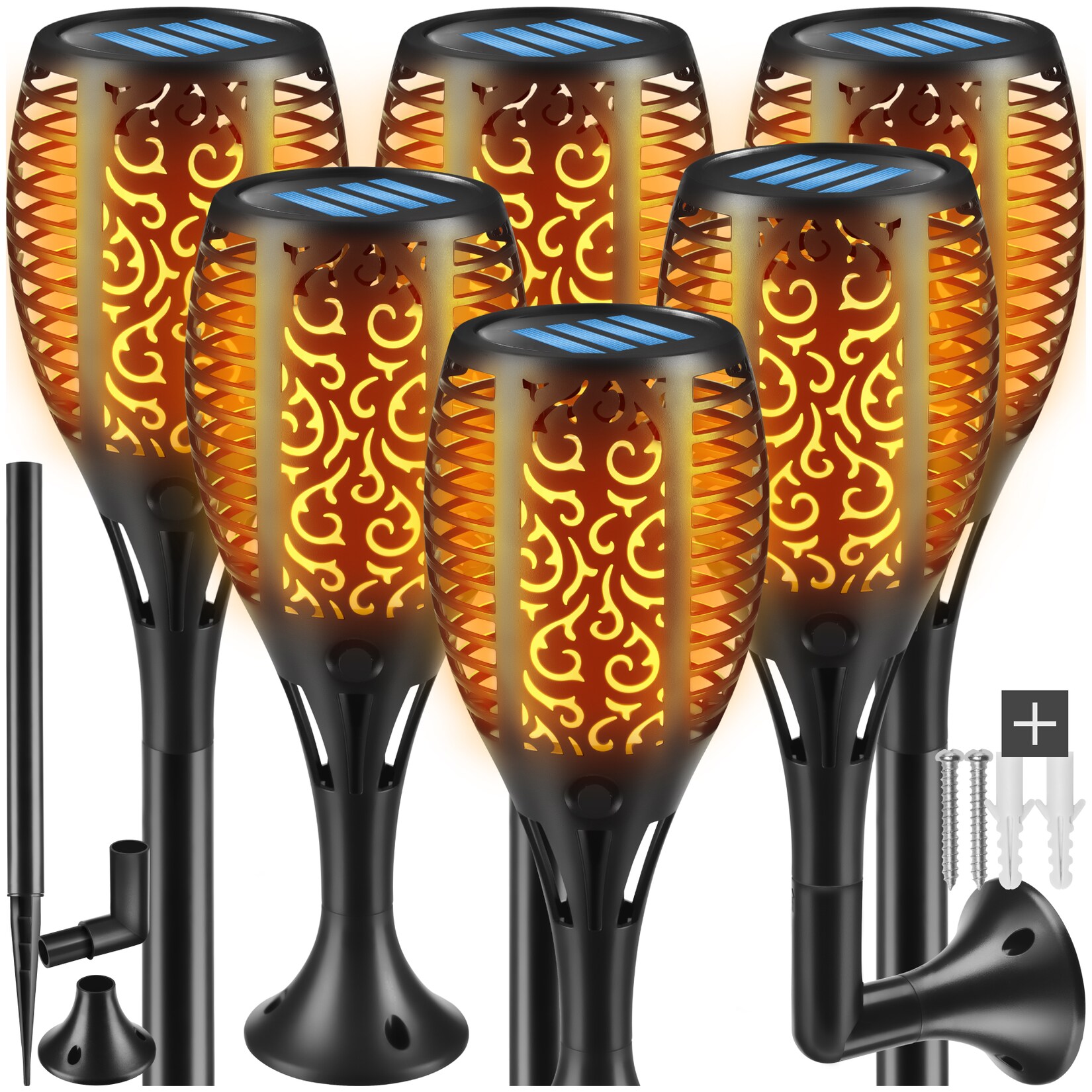 tectake® 6er Set Solarleuchten, LED, Flammendesign, inkl. Erdspieß, Boden- und Wandhalterung, 6 – 8 Stunden Betriebszeit | 04061173268303