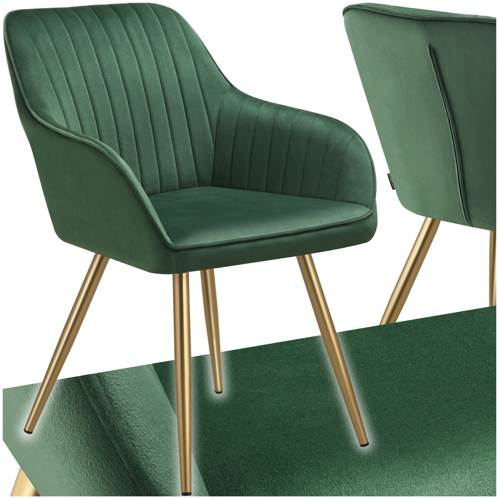 tectake® Esszimmerstuhl, gepolstert, in Samtoptik, gesteppt, schlanke, goldene Stahlbeine, 58 x 62 x 82 cm