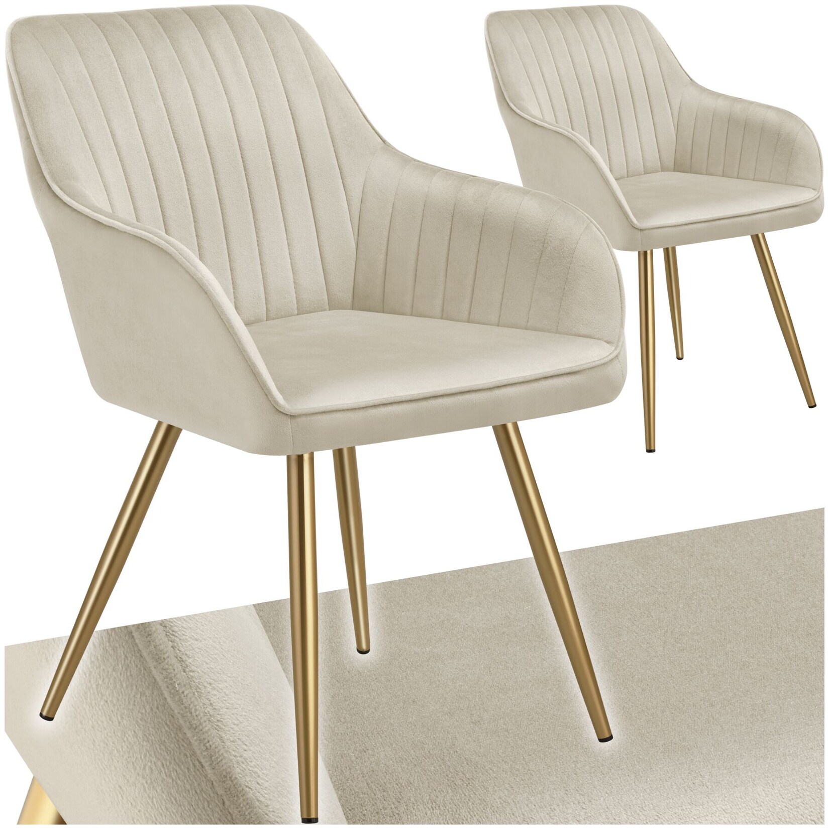 tectake® Esszimmerstuhl, gepolstert, in Samtoptik, gesteppt, schlanke, goldene Stahlbeine, 58 x 62 x 82 cm