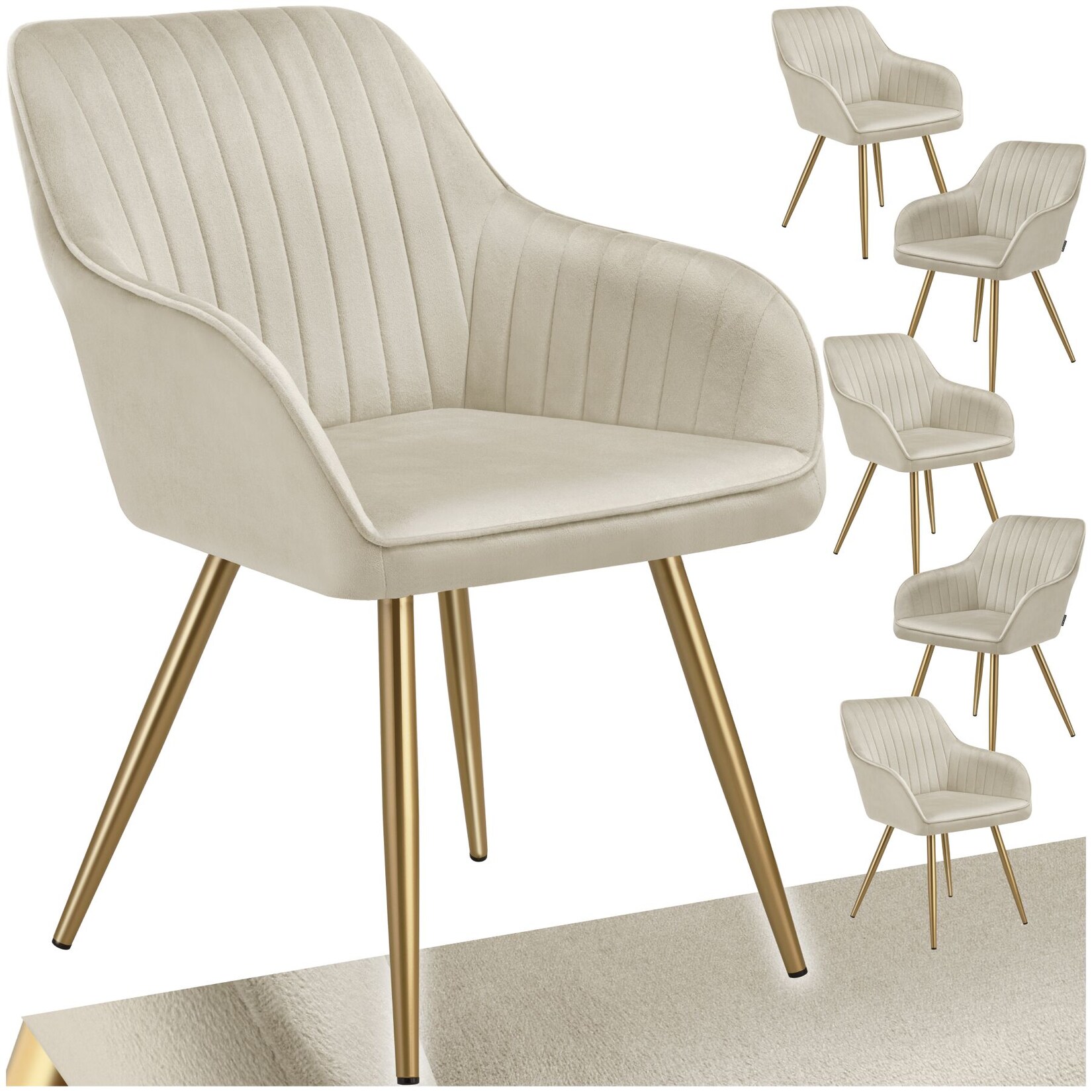 tectake® Esszimmerstuhl, gepolstert, in Samtoptik, gesteppt, schlanke, goldene Stahlbeine, 58 x 62 x 82 cm