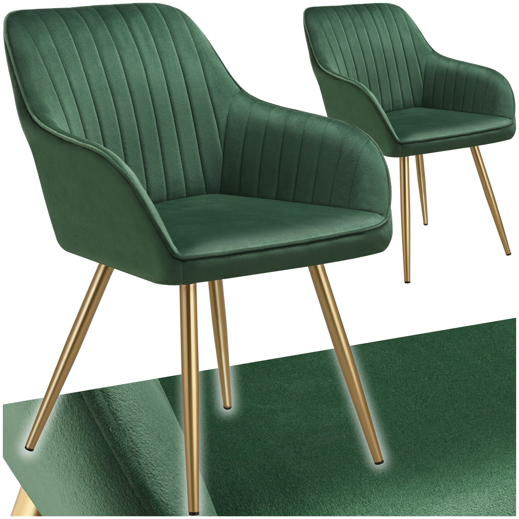 tectake® Esszimmerstuhl, gepolstert, in Samtoptik, gesteppt, schlanke, goldene Stahlbeine, 58 x 62 x 82 cm