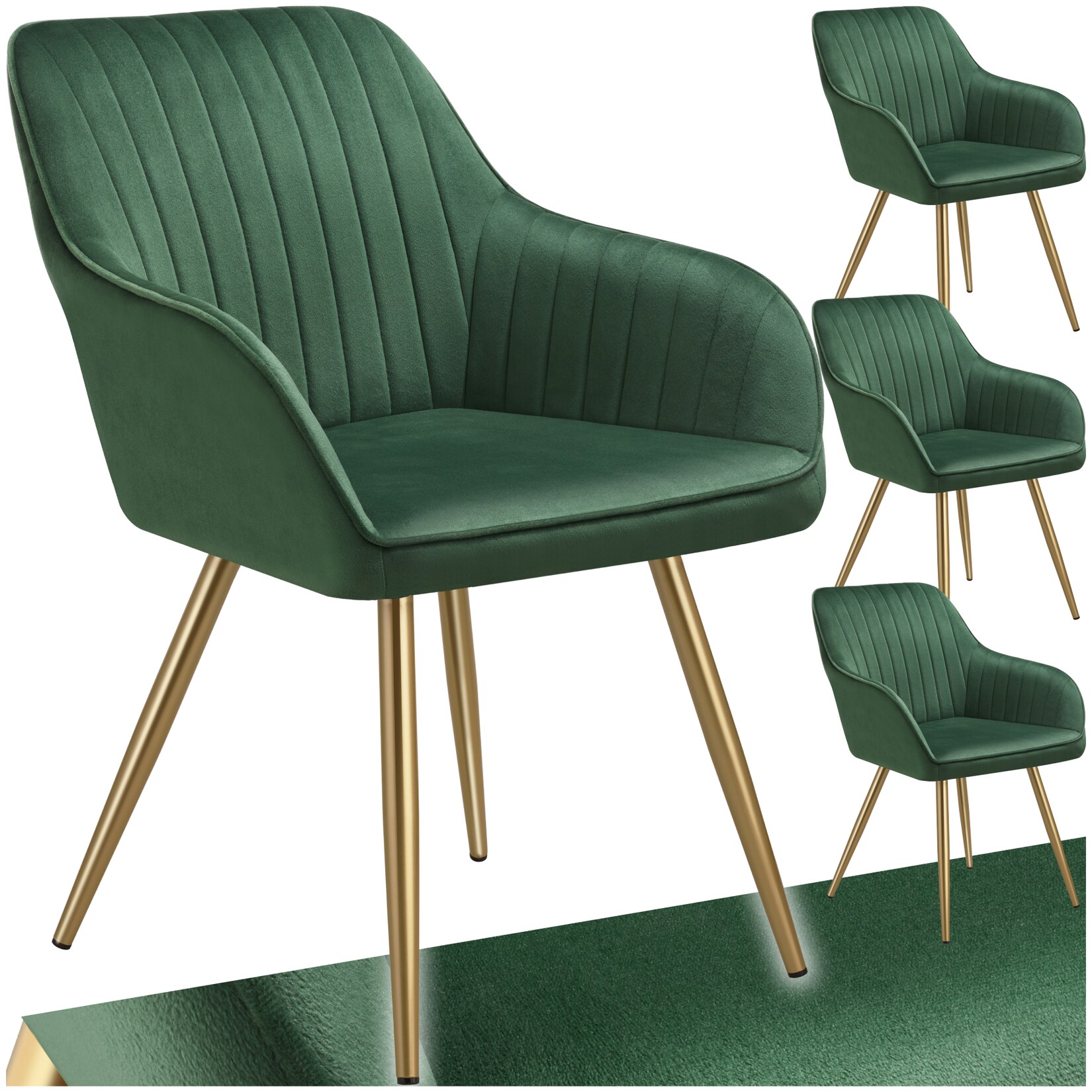 tectake® Esszimmerstuhl, gepolstert, in Samtoptik, gesteppt, schlanke, goldene Stahlbeine, 58 x 62 x 82 cm