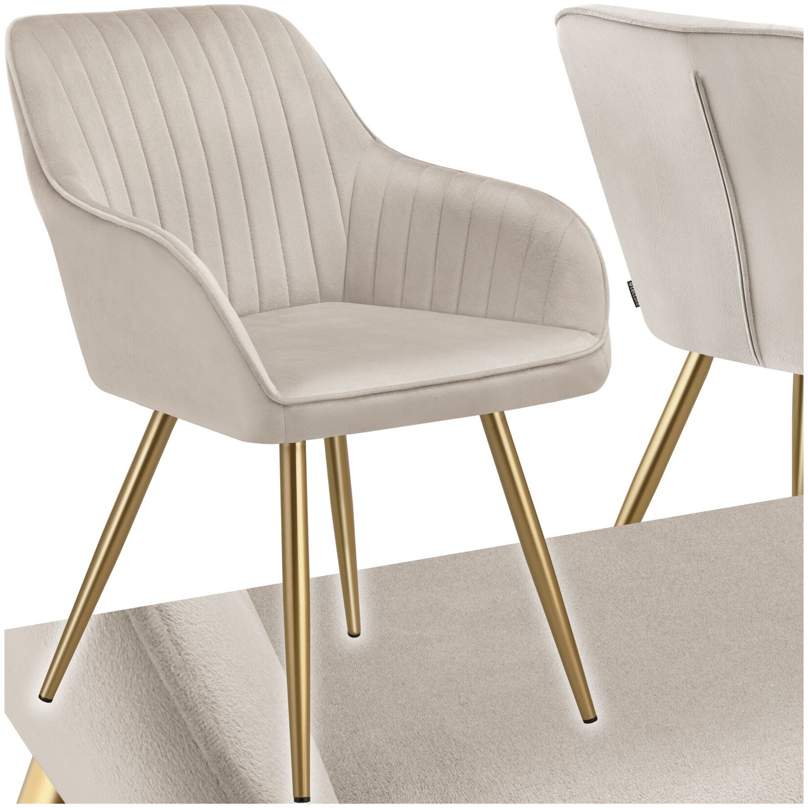 tectake® Esszimmerstuhl, gepolstert, in Samtoptik, gesteppt, schlanke, goldene Stahlbeine, 58 x 62 x 82 cm