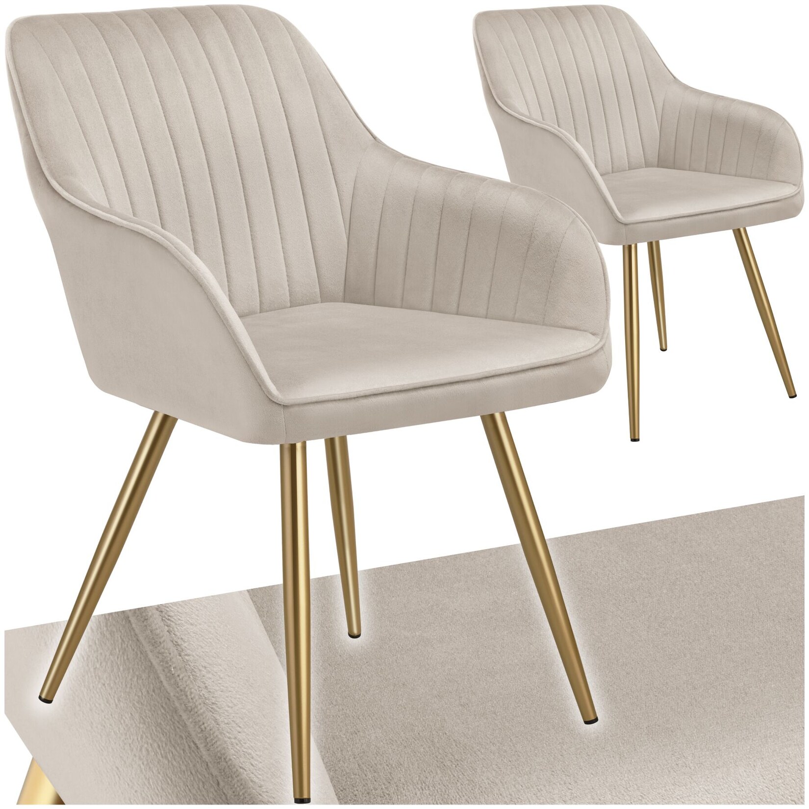 tectake® Esszimmerstuhl, gepolstert, in Samtoptik, gesteppt, schlanke, goldene Stahlbeine, 58 x 62 x 82 cm