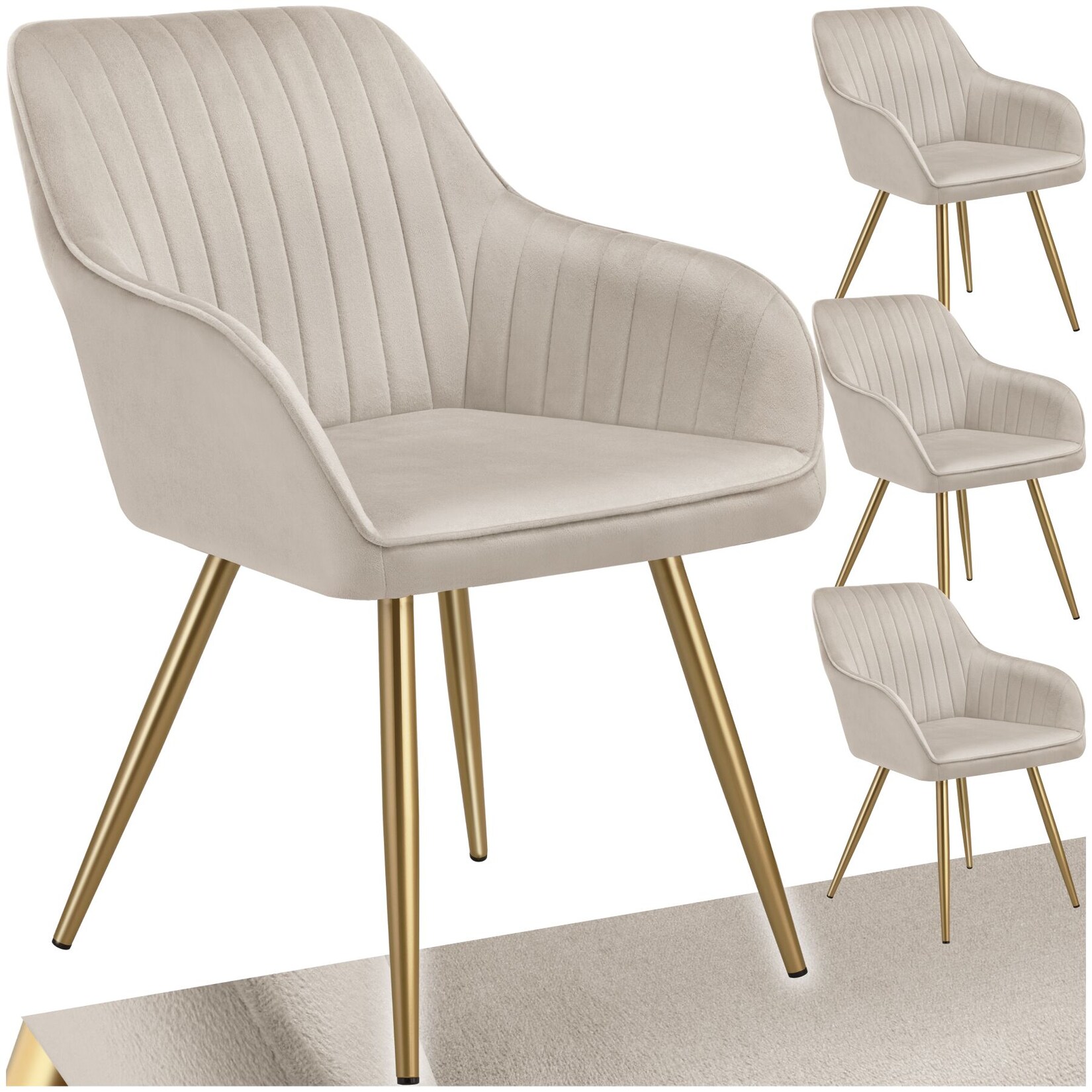 tectake® Esszimmerstuhl, gepolstert, in Samtoptik, gesteppt, schlanke, goldene Stahlbeine, 58 x 62 x 82 cm